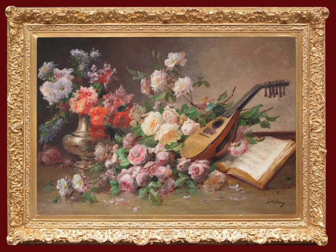 GODCHAUX Emile Still-Life Painting - Composition of Roses With Lute and score