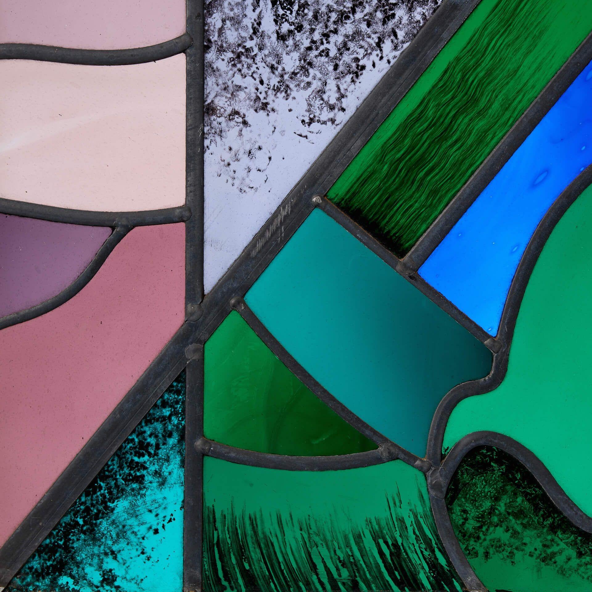 English Goddard & Gibbs Abstract Shallow Arched Stained Glass Panel For Sale