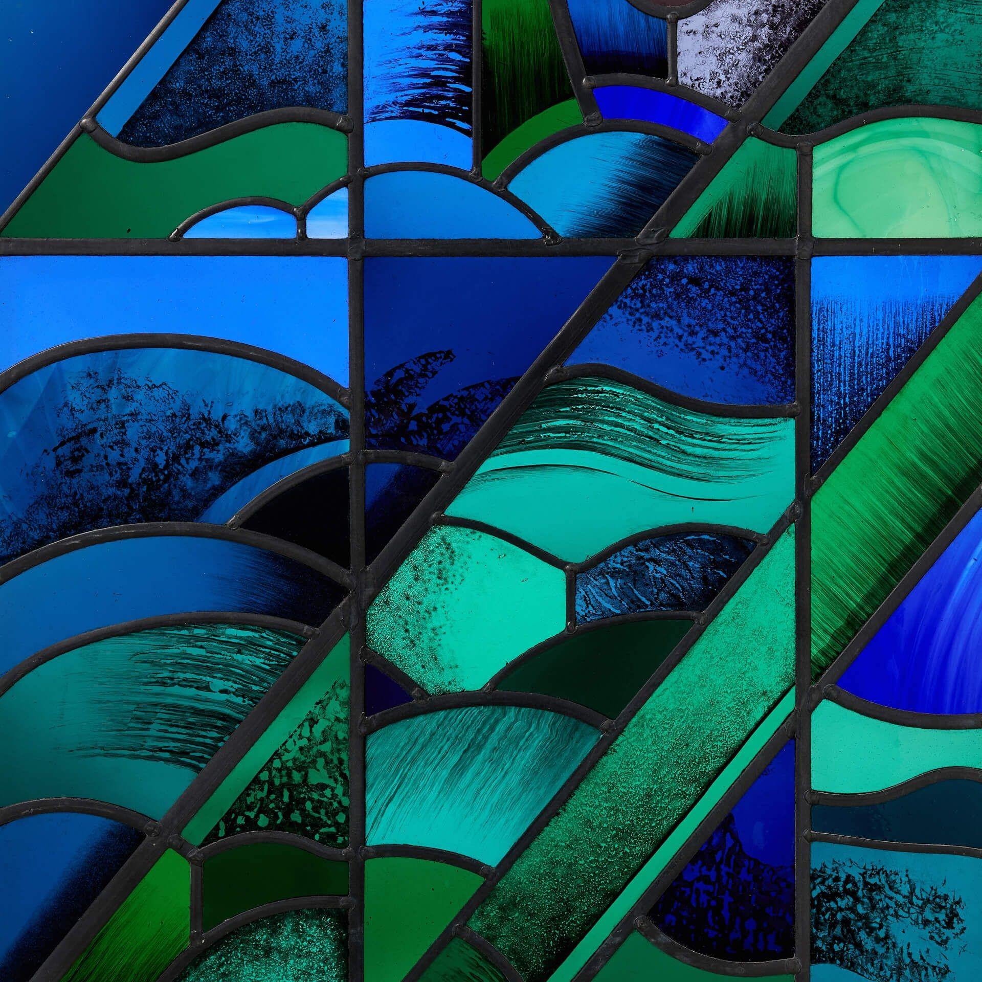 English Goddard & Gibbs Geometric Style Stained Glass Window For Sale