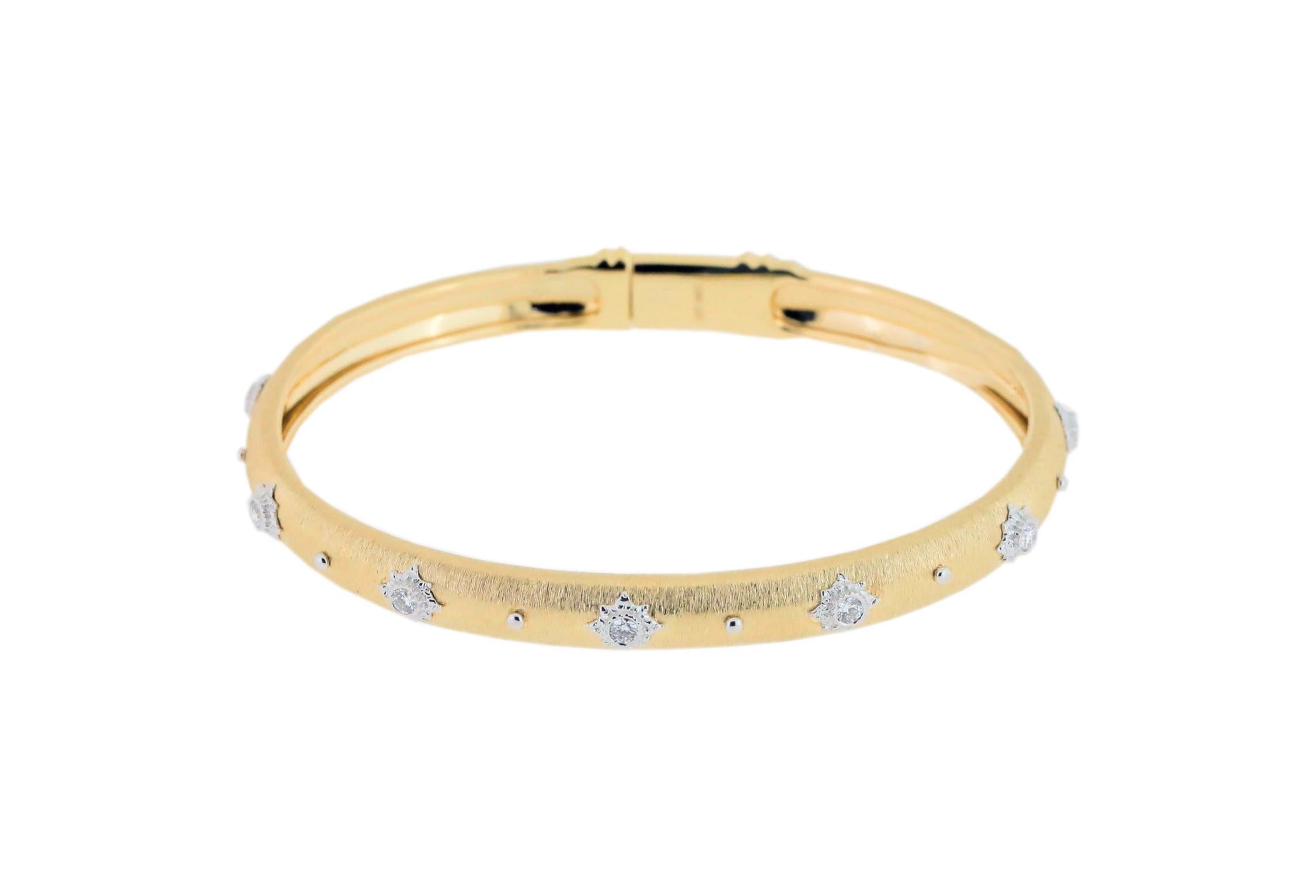 Goddess A1586-A5ZZ, 18K White and Yellow Gold Bangle with Diamonds

18K White and Yellow Gold - 12.25gm
7 Round Diamonds -0.35c
Flowers in White Gold
Bracelet size - 45x55 mm  (1.77x2.16 inch)