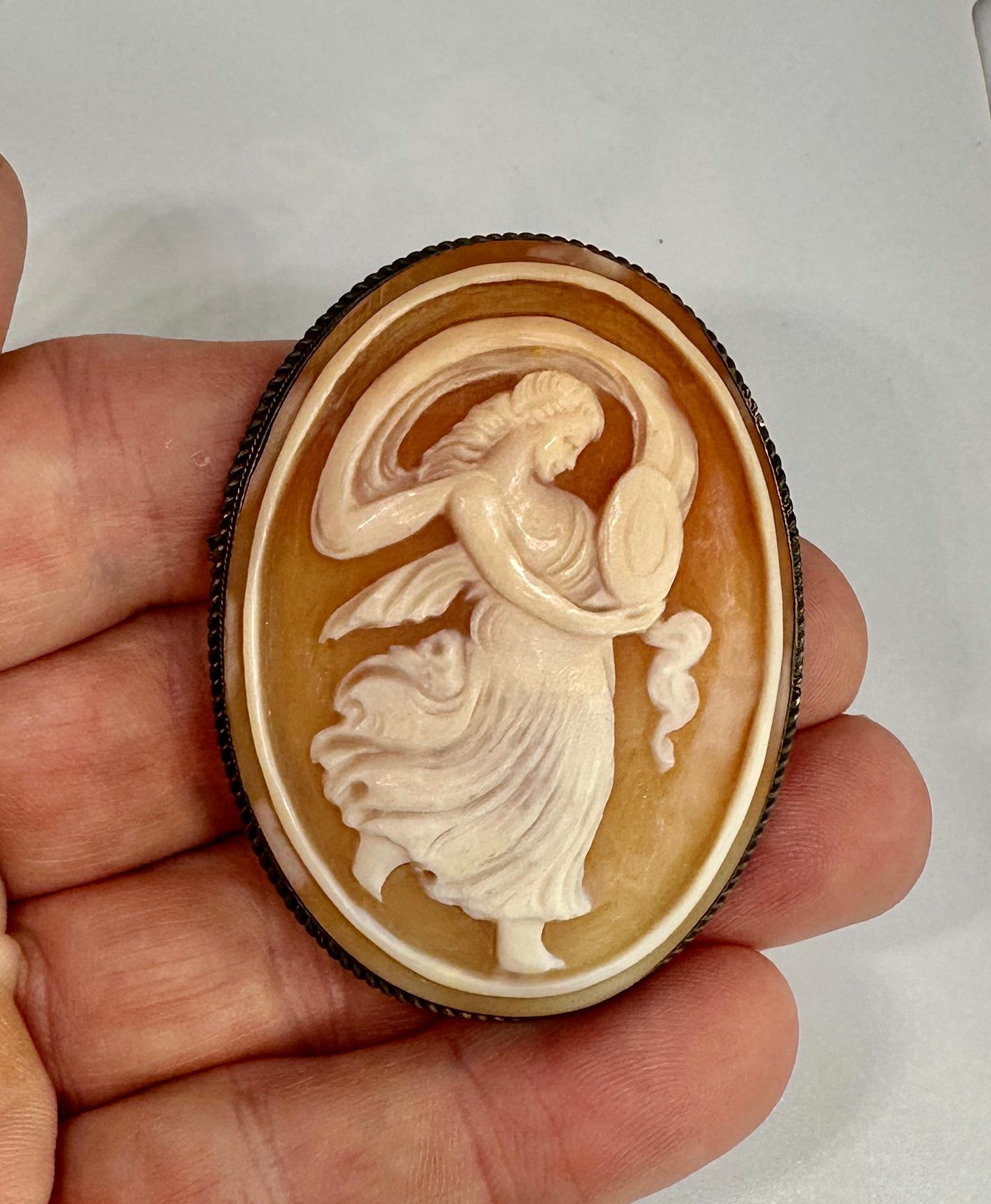 Victorian Goddess Cameo Pendant Brooch Necklace Silver Classical Antique 2.5 Inches For Sale