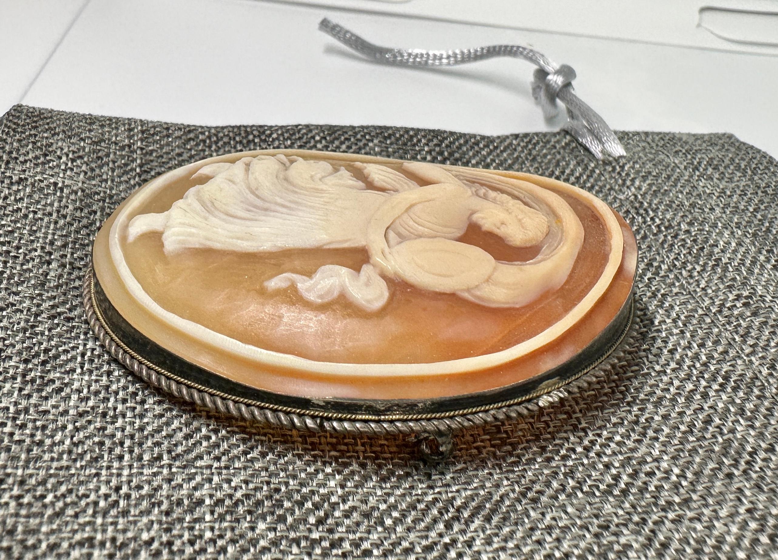 Women's or Men's Goddess Cameo Pendant Brooch Necklace Silver Classical Antique 2.5 Inches For Sale