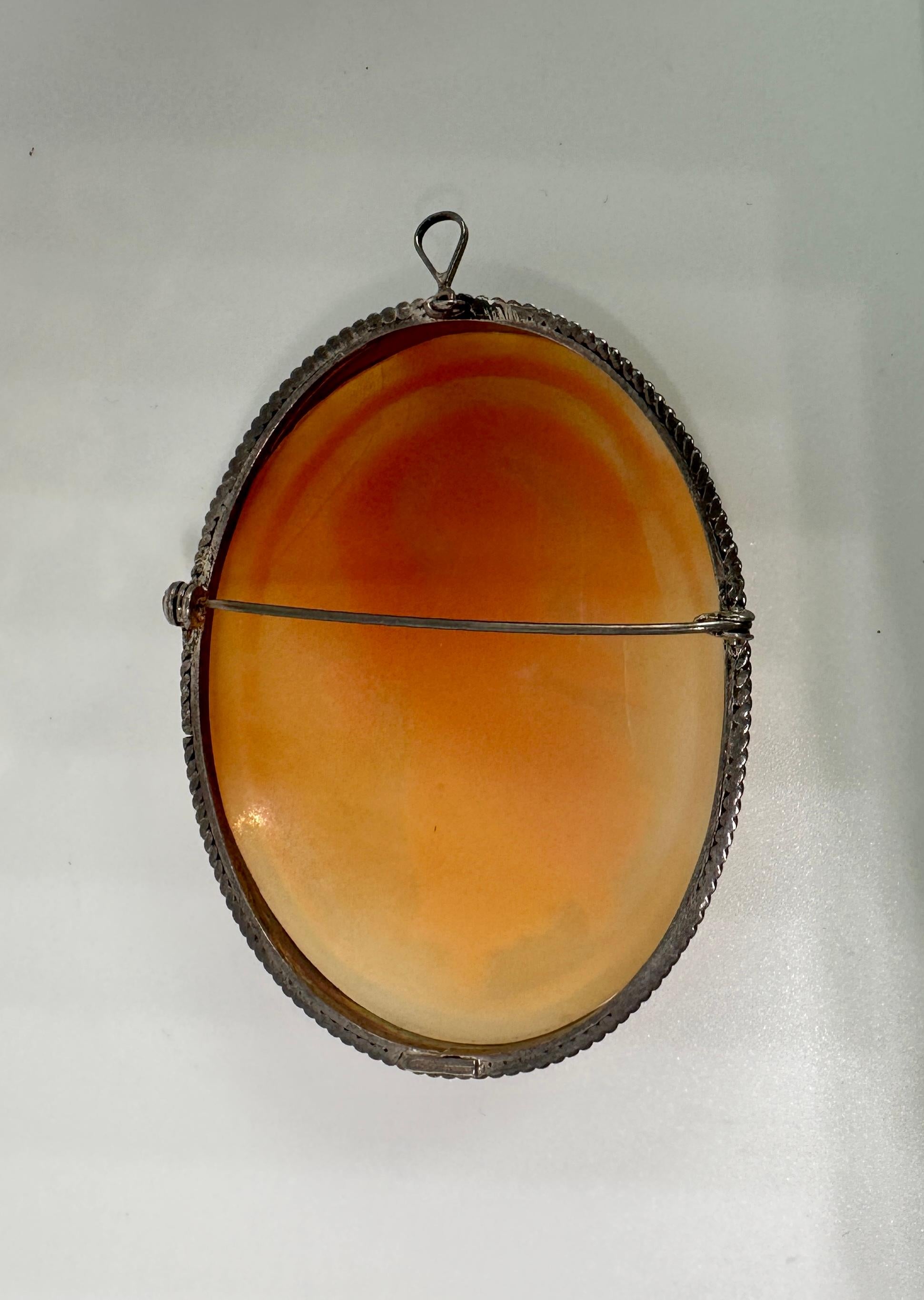 Goddess Cameo Pendant Brooch Necklace Silver Classical Antique 2.5 Inches For Sale 2