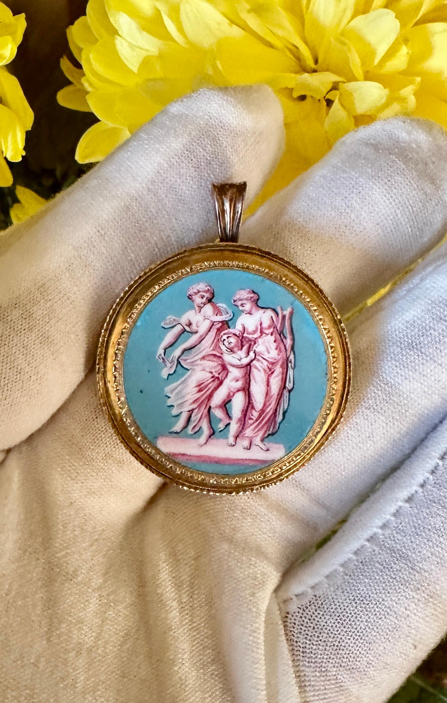 Victorian Goddess Cherub Enamel Pendant Necklace Neoclassical Etruscan Revival 18 Karat  For Sale
