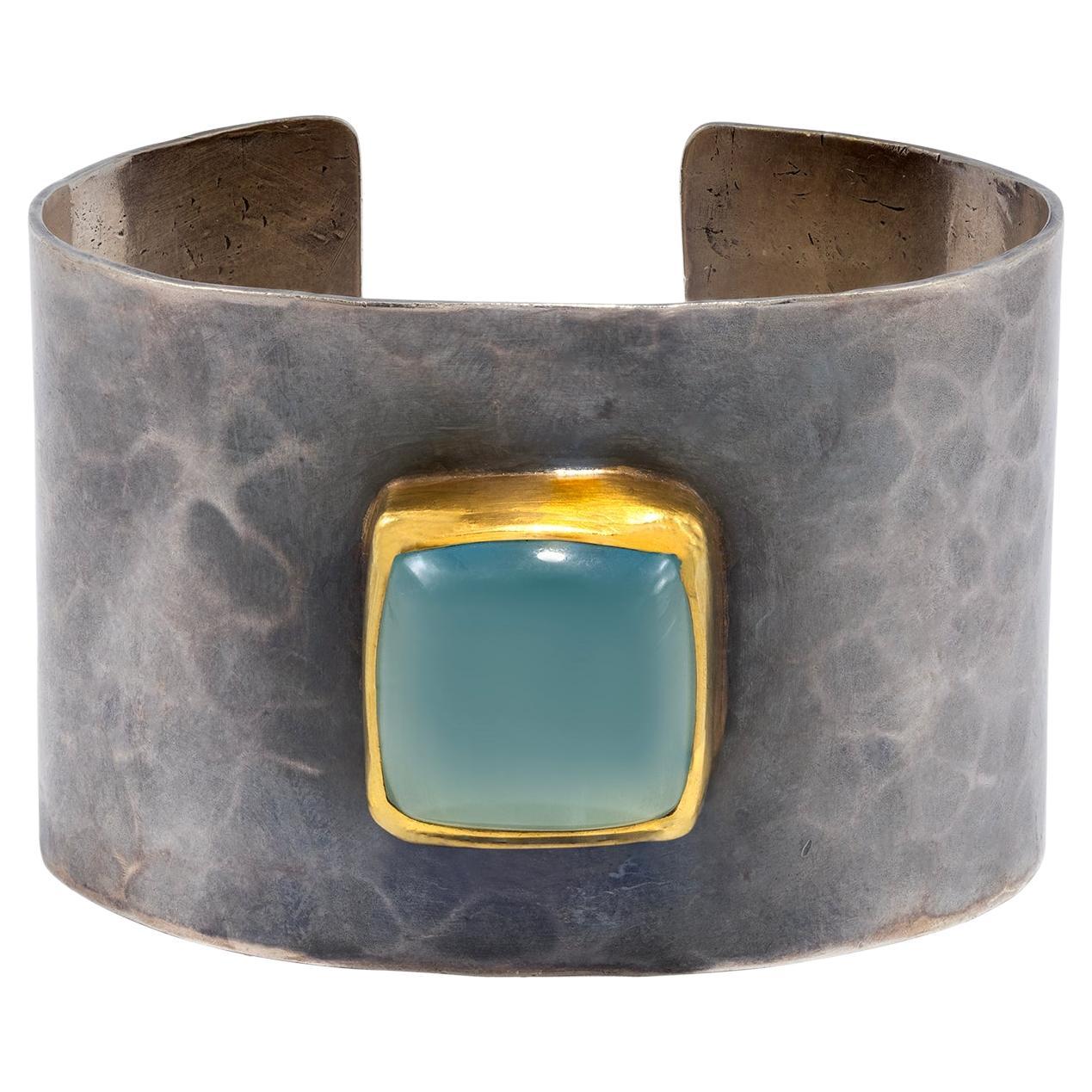 Goddess Cuff in Sterling Silver with Aqua Stone by Tagili Designs For Sale