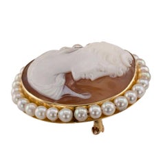 Goddess Diana 1930s Shell Cameo Brooch Pendant Gold Pearls