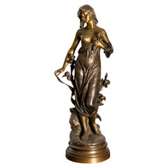 Antique Goddess Diana Bronze Sculpture by Edouard Drouot, 19th Century