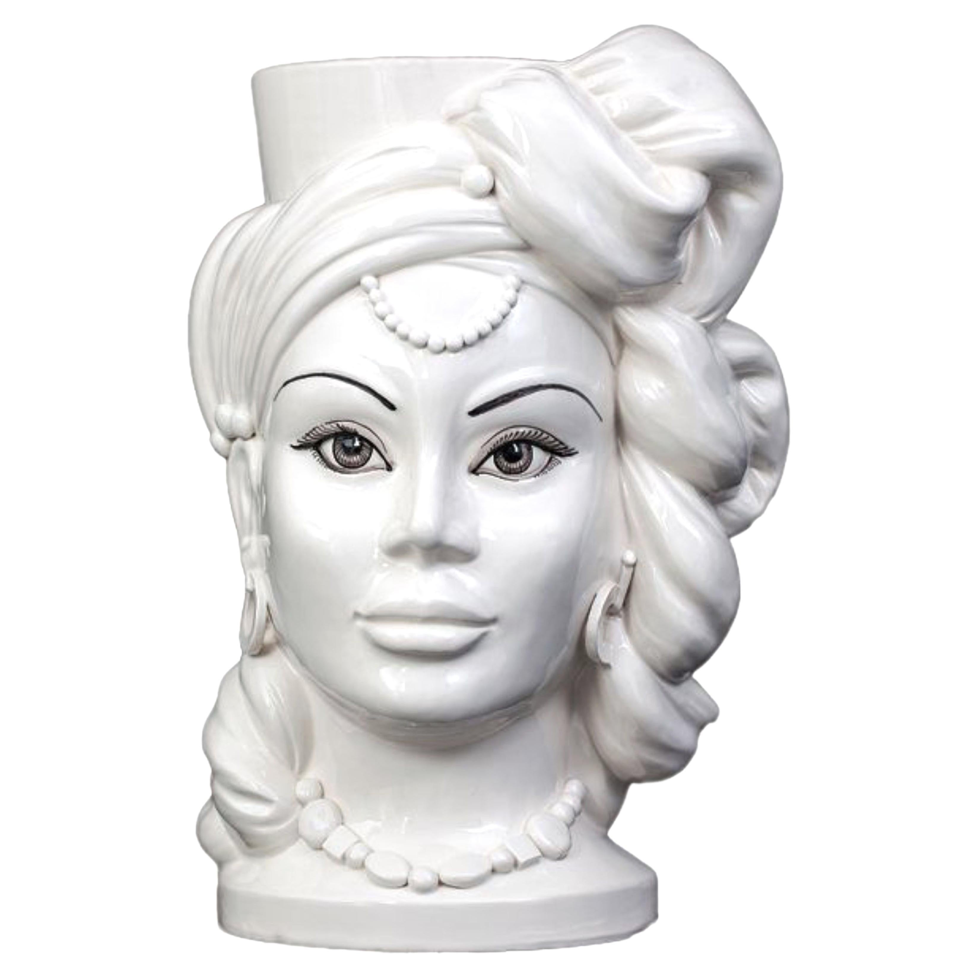 Goddess E11, Woman's Moorish Head, Handmade in Sicily Vase, Size L, Monochrome For Sale