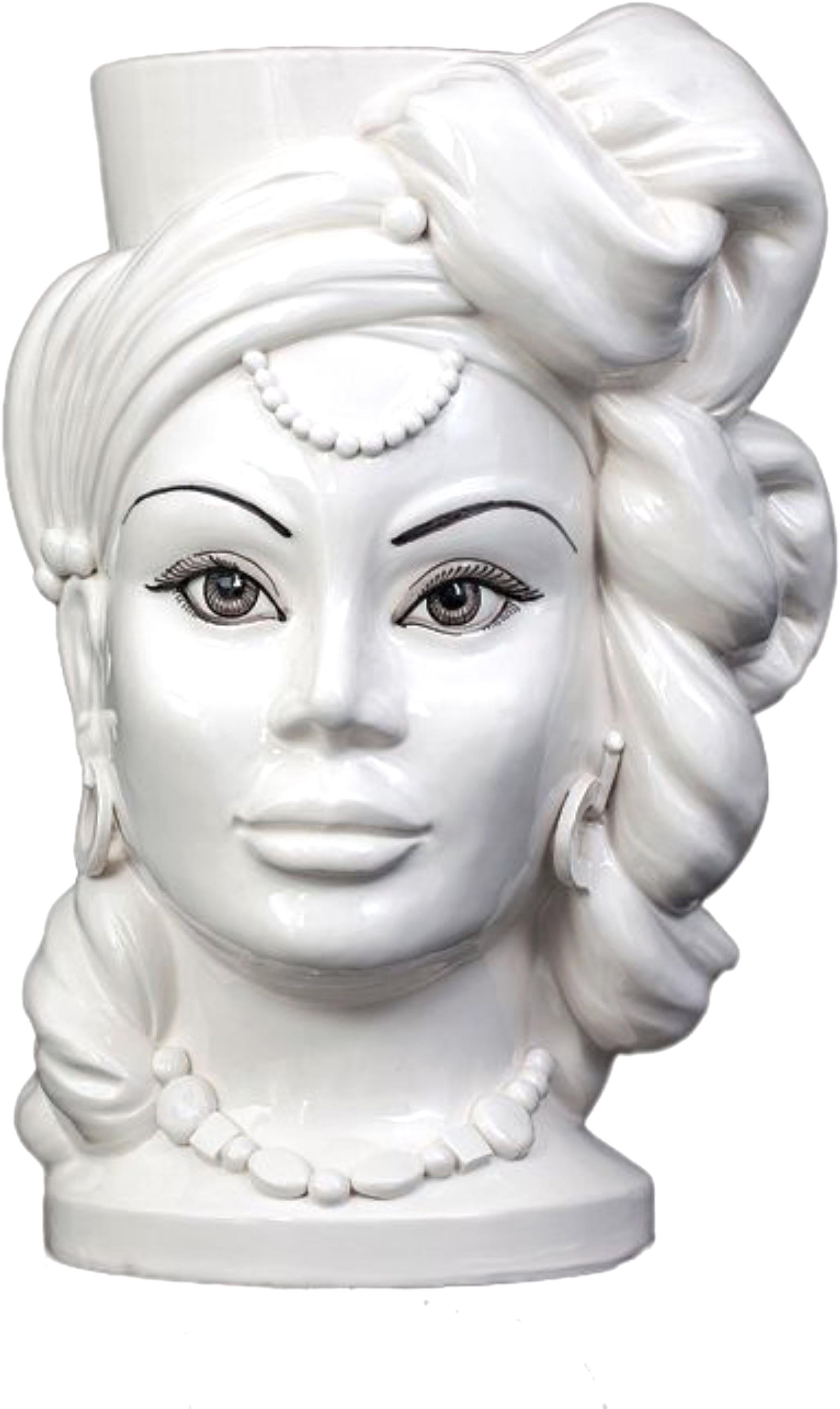 Italian Goddess E11, Woman's Moorish Head, Handmade in Sicily Vase, Size M. Monochrome. For Sale