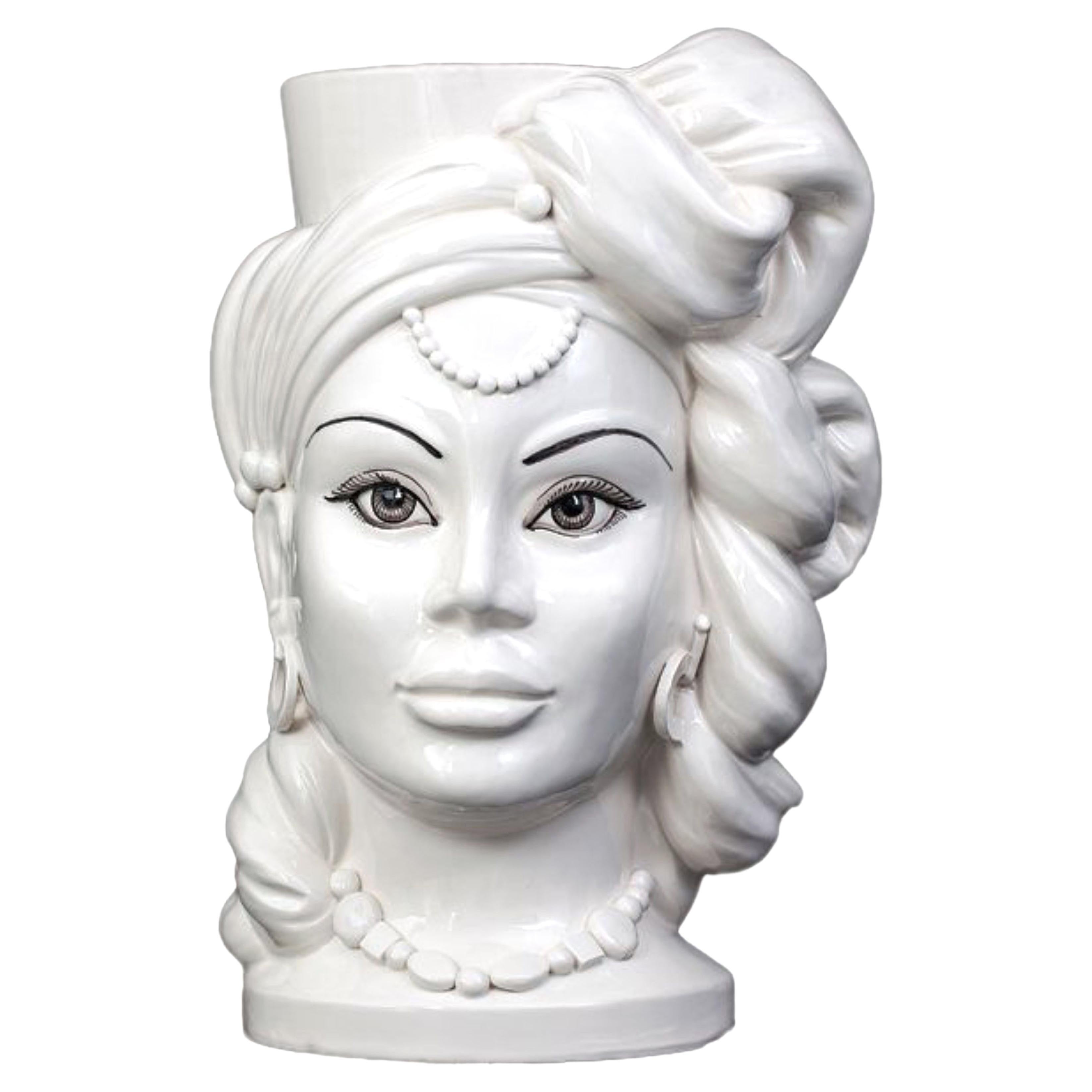 Goddess E11, Woman's Moorish Head, Handmade in Sicily Vase, Size S Monochrome For Sale