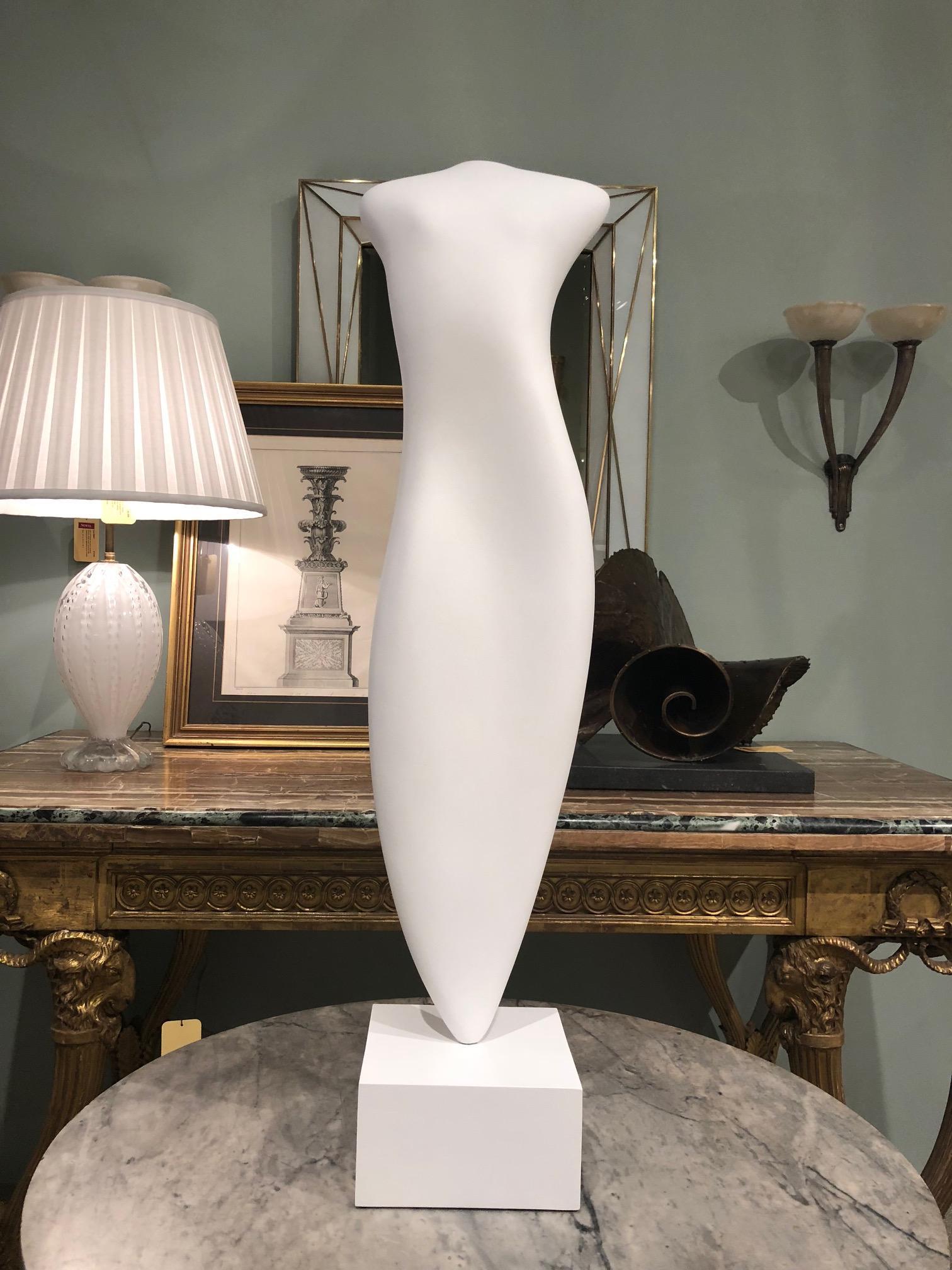 American postwar design aqua resin and acrylic sculpture of a vertical form 'Goddess Ethereal' on a white painted wood base (Kevin Kelly).
   
