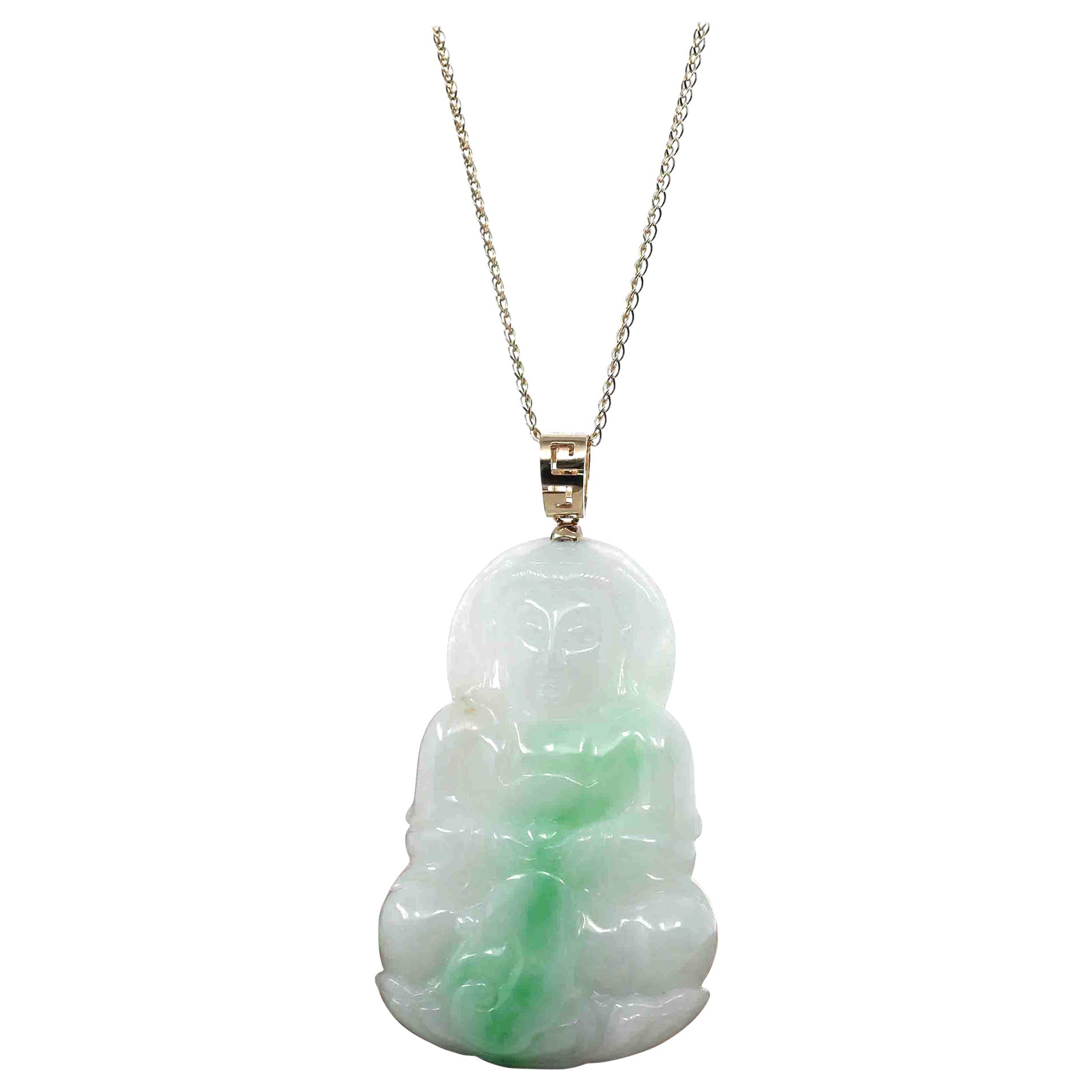 "Goddess of Compassion" 14k Yellow Gold Burmese Jadeite Jade Guanyin Necklace
