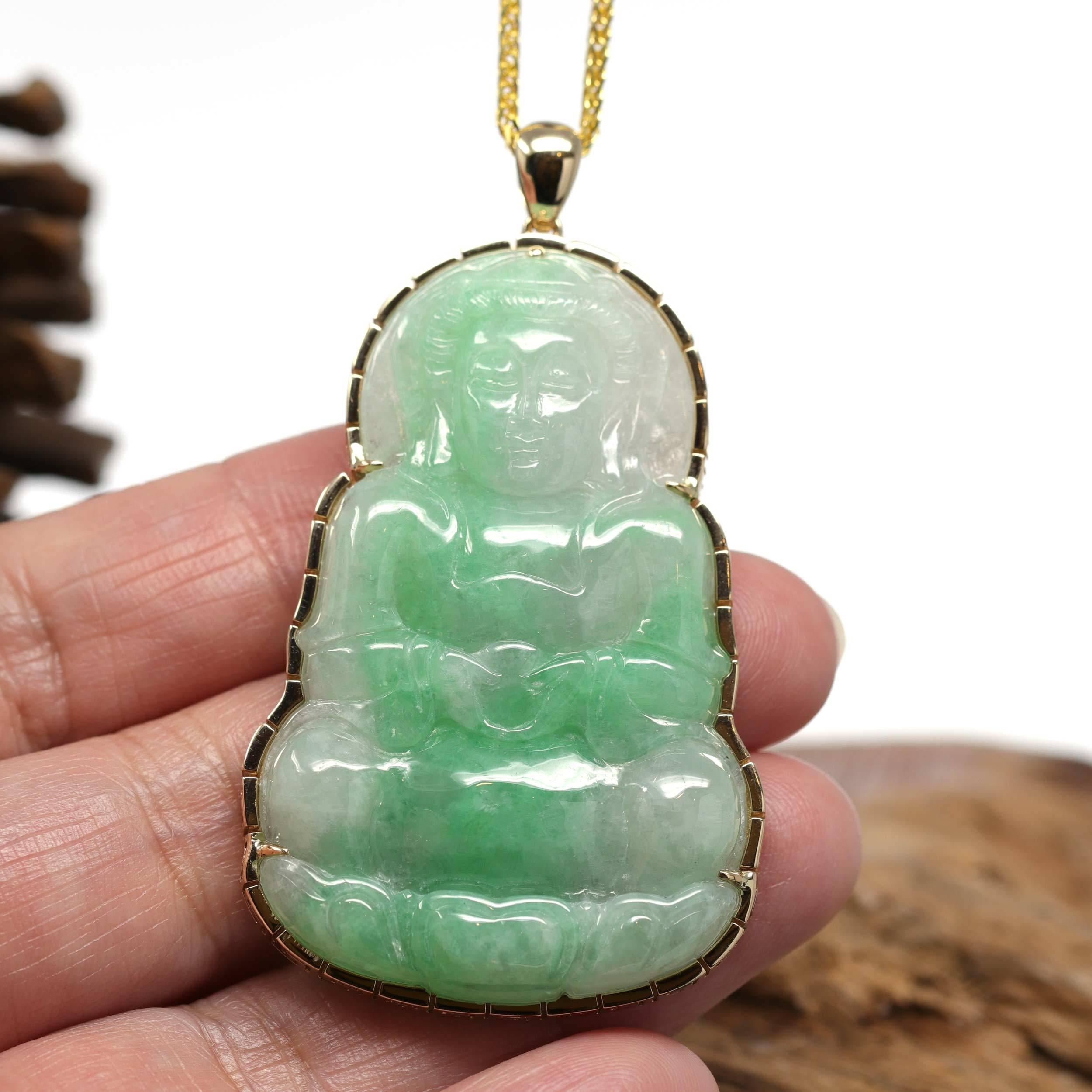 *Design concept--- Made with genuine Burmese jadeite jade. With the goddess sitting on a lotus. The louts symbolize the one who overcame the pain that prevails in the material world and became enlightened, just like the Lotus flower which starts to