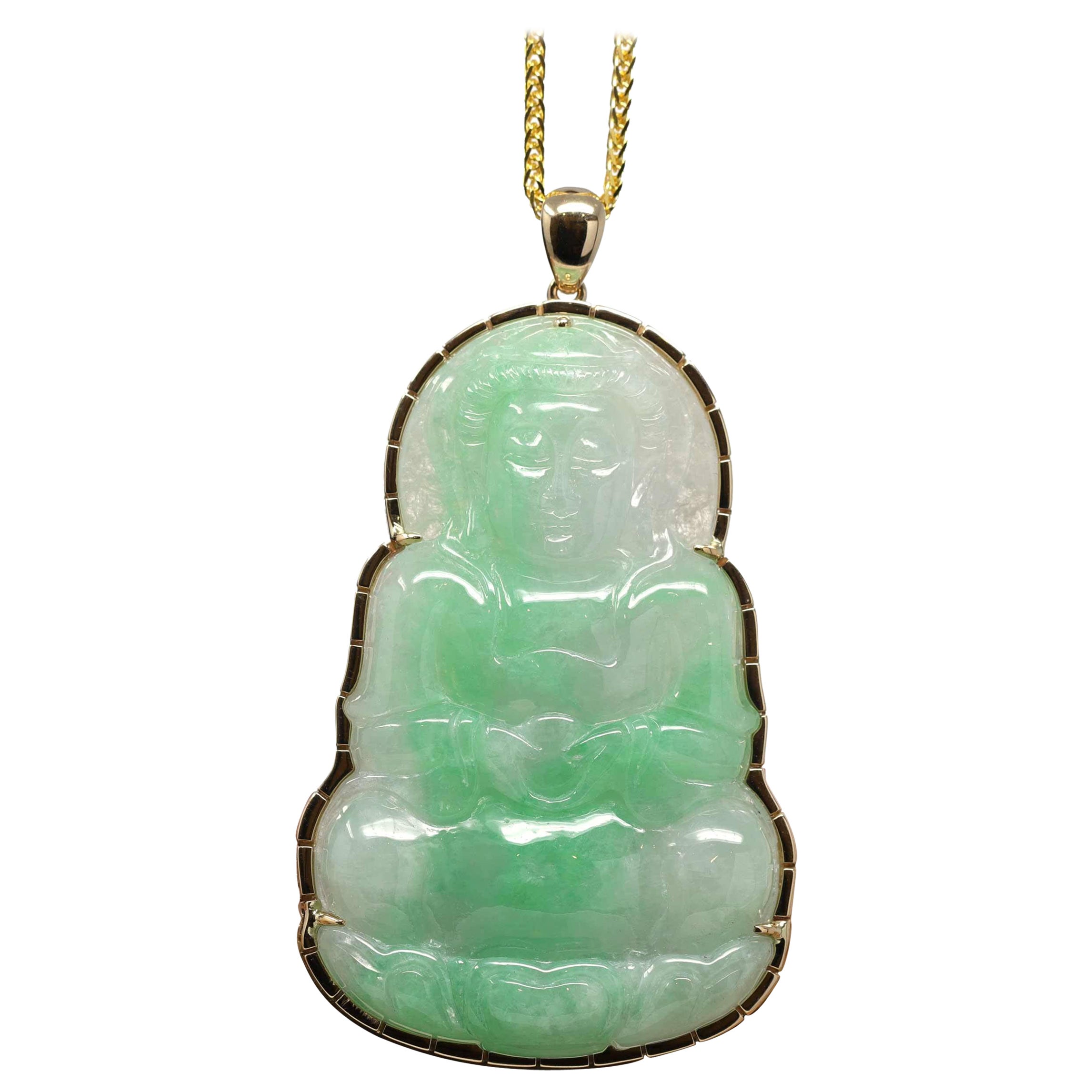 "Goddess of Compassion" 14k Yellow Gold Burmese Jadeite Jade Guanyin Pendant