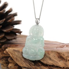 "Goddess of Compassion" Burmese Jadeite Jade Guanyin Pendant with 14k White Gold