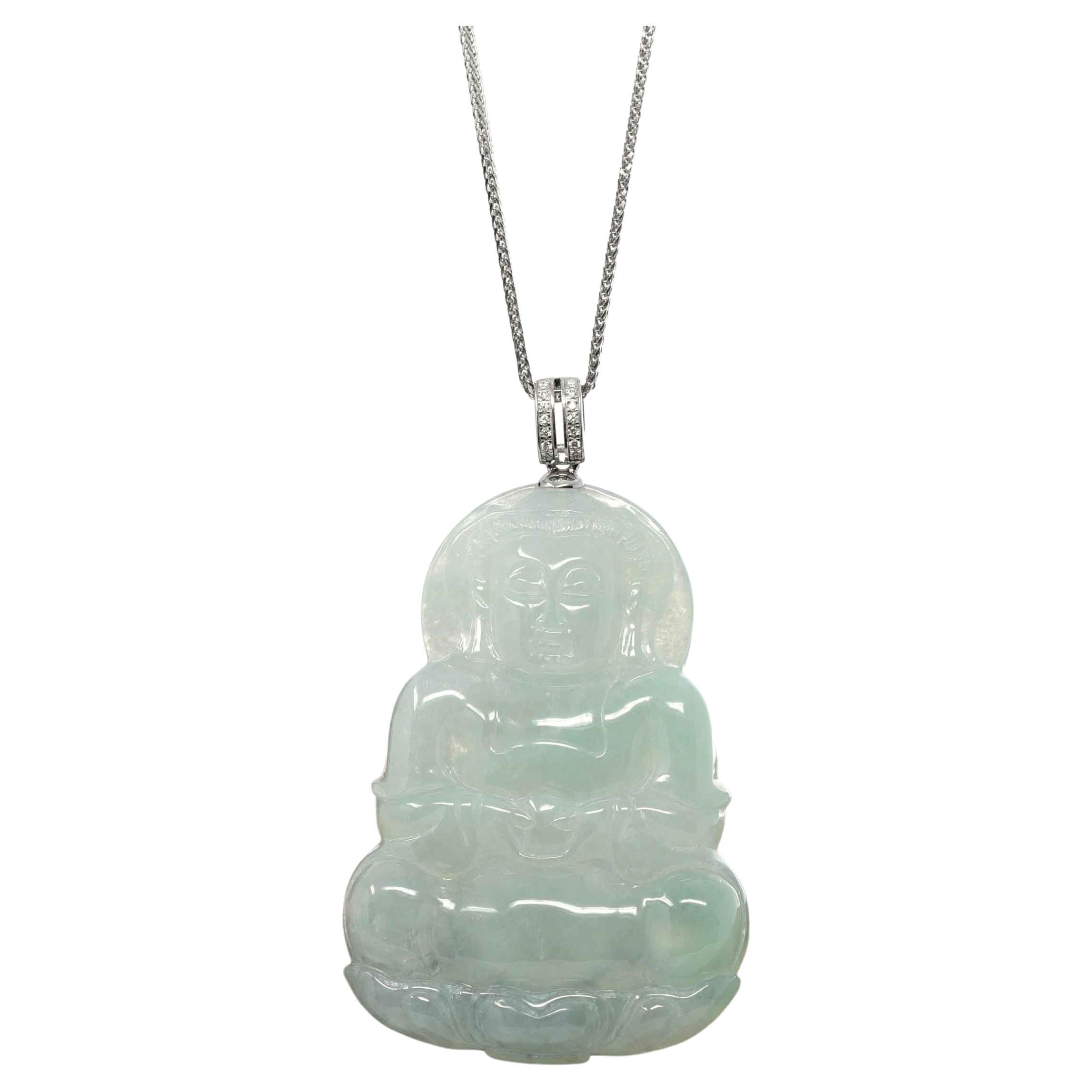 "Goddess of Compassion" Burmese Jadeite Jade Guanyin Pendant with 14k White Gold For Sale