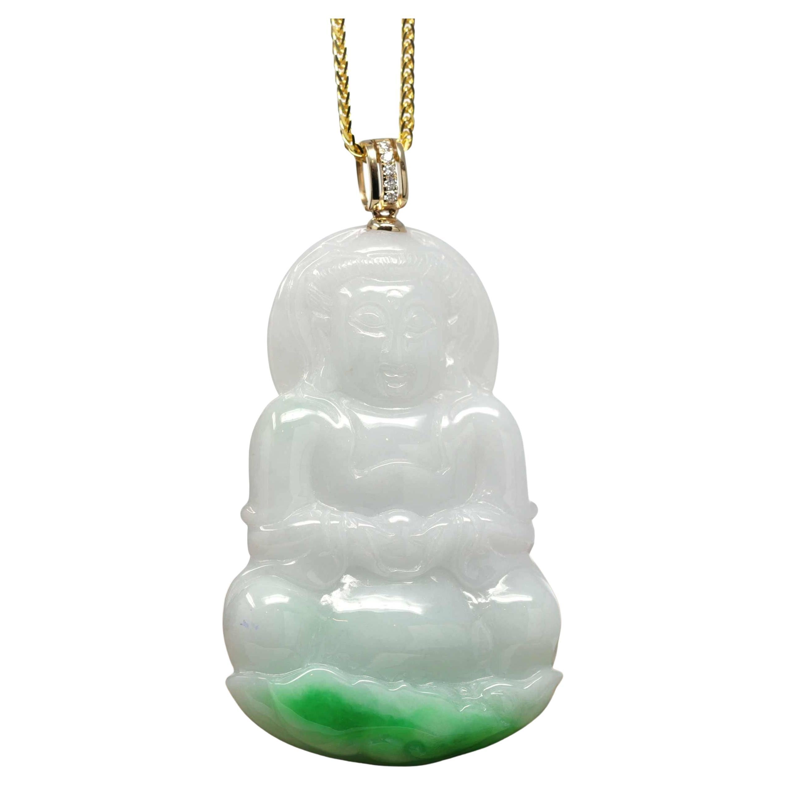 "Goddess of Compassion" Jadeite Jade Necklace with 14k Yellow Gold Diamond Bail  For Sale