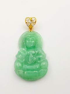 Goddess of Mercy Carved Jade with Diamond Pendant set in 18K Gold Settings