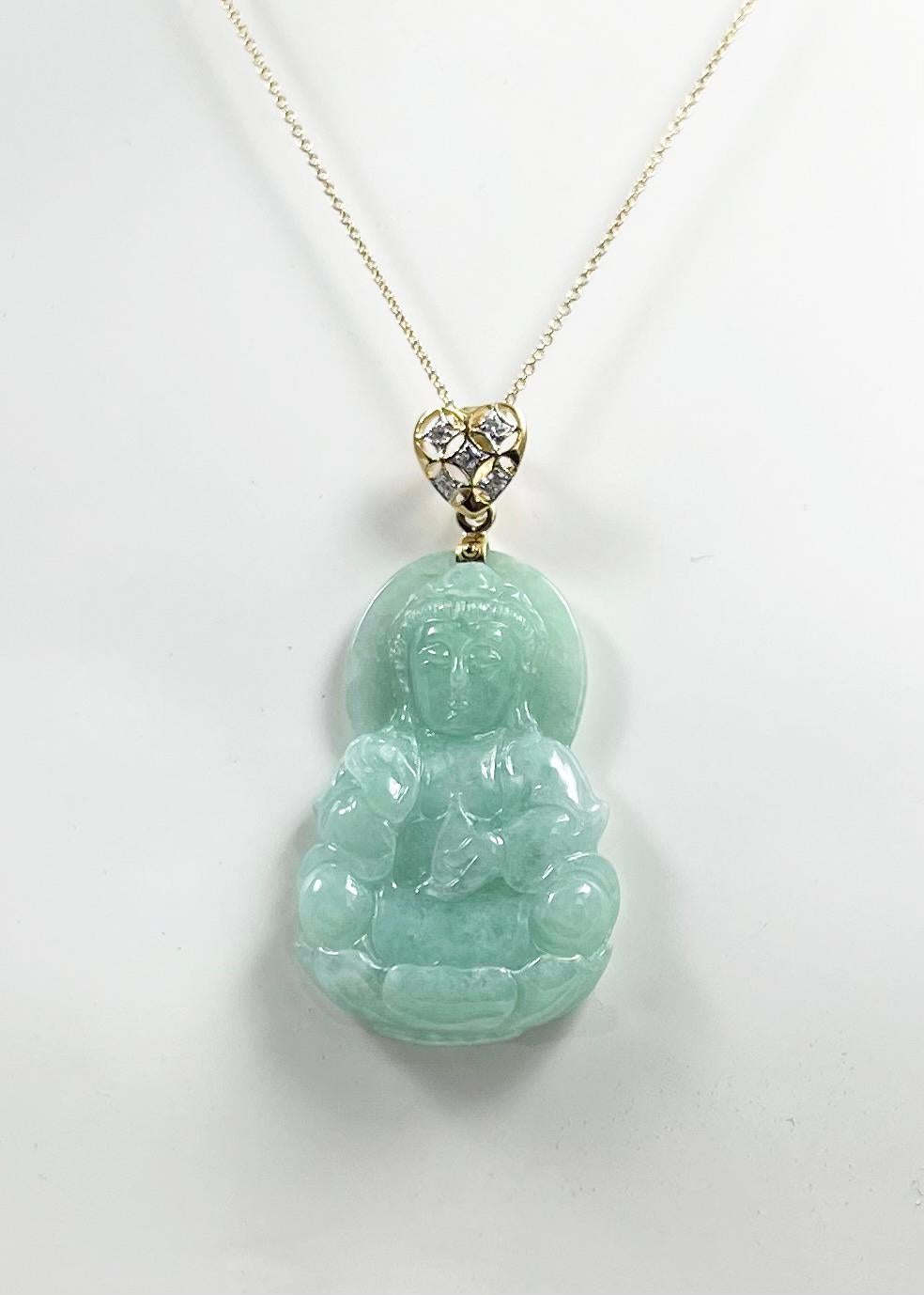 Goddess of Mercy Carved Jade with Diamond Pendant set in 18K Gold Settings For Sale 3