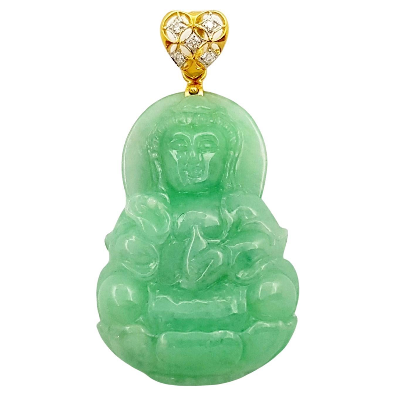 Goddess of Mercy Carved Jade with Diamond Pendant set in 18K Gold Settings For Sale