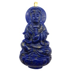 Goddess of Mercy Carved Lapiz Lazuli Pendant Set in 18 Karat Gold Settings