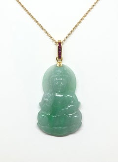 Goddess of Mercy Jade with Ruby Pendant Set in 18 Karat Gold Settings