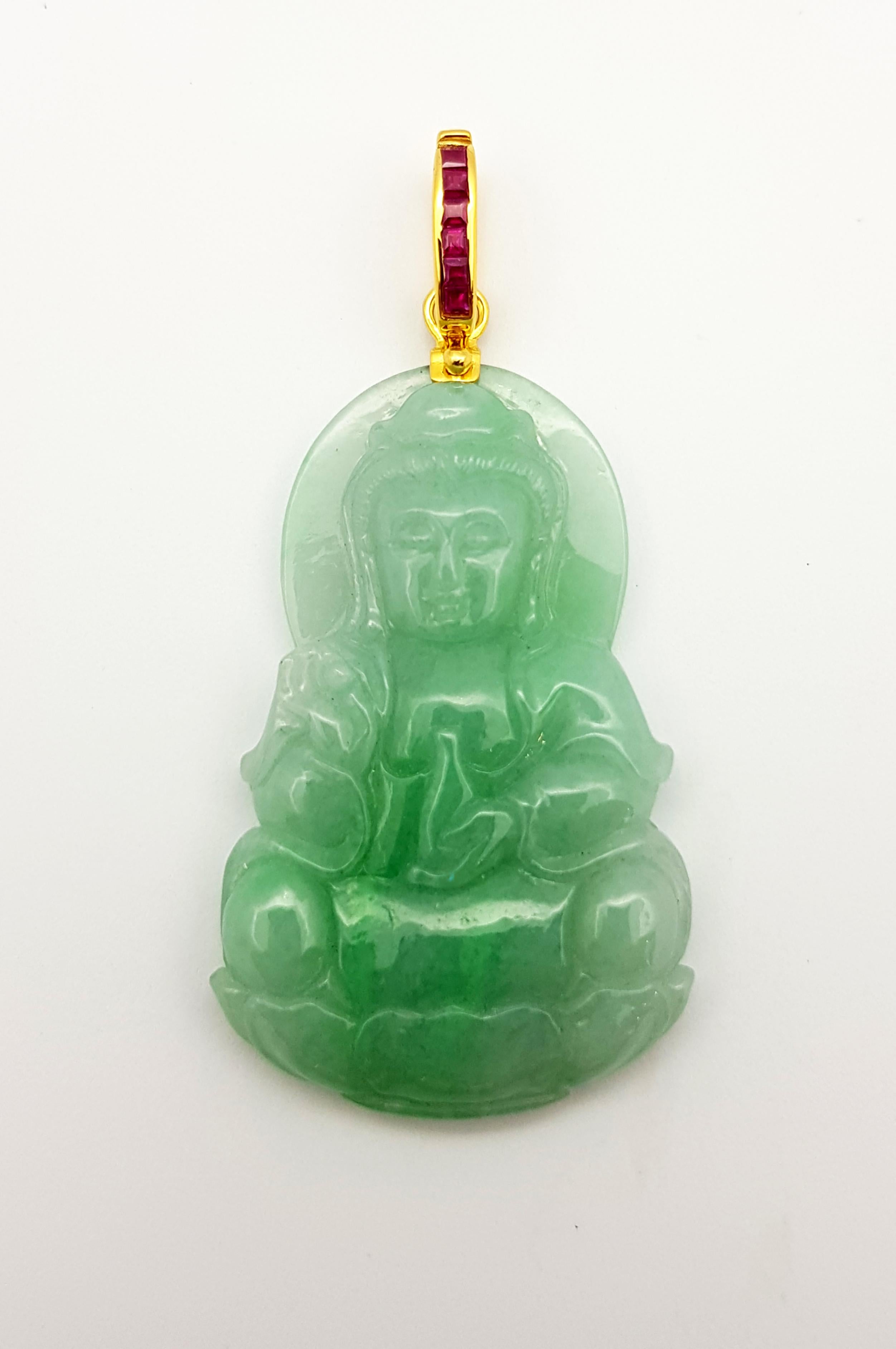 Contemporary Goddess of Mercy Jade with Ruby Pendant Set in 18 Karat Gold Settings For Sale