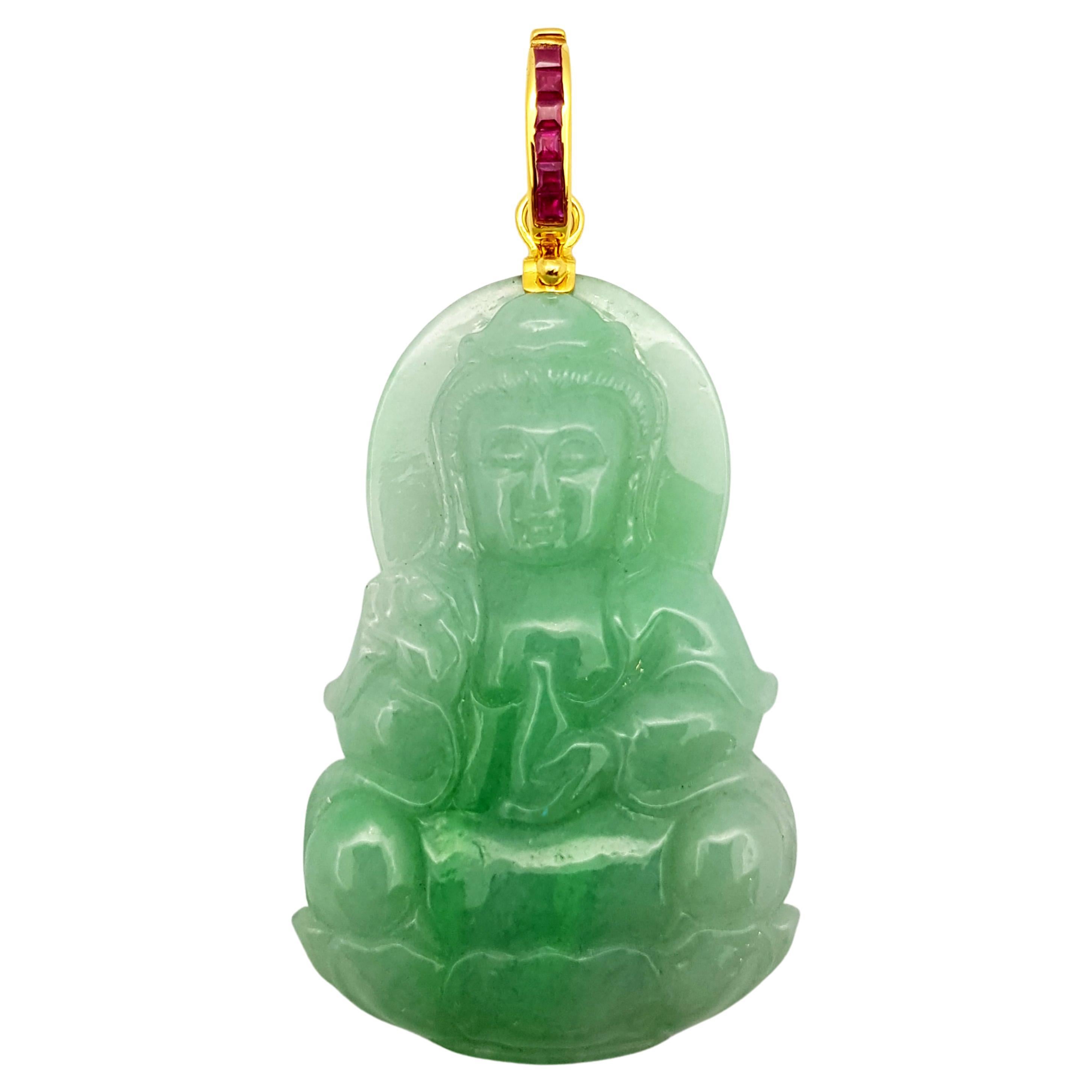 Goddess of Mercy Jade with Ruby Pendant Set in 18 Karat Gold Settings For Sale