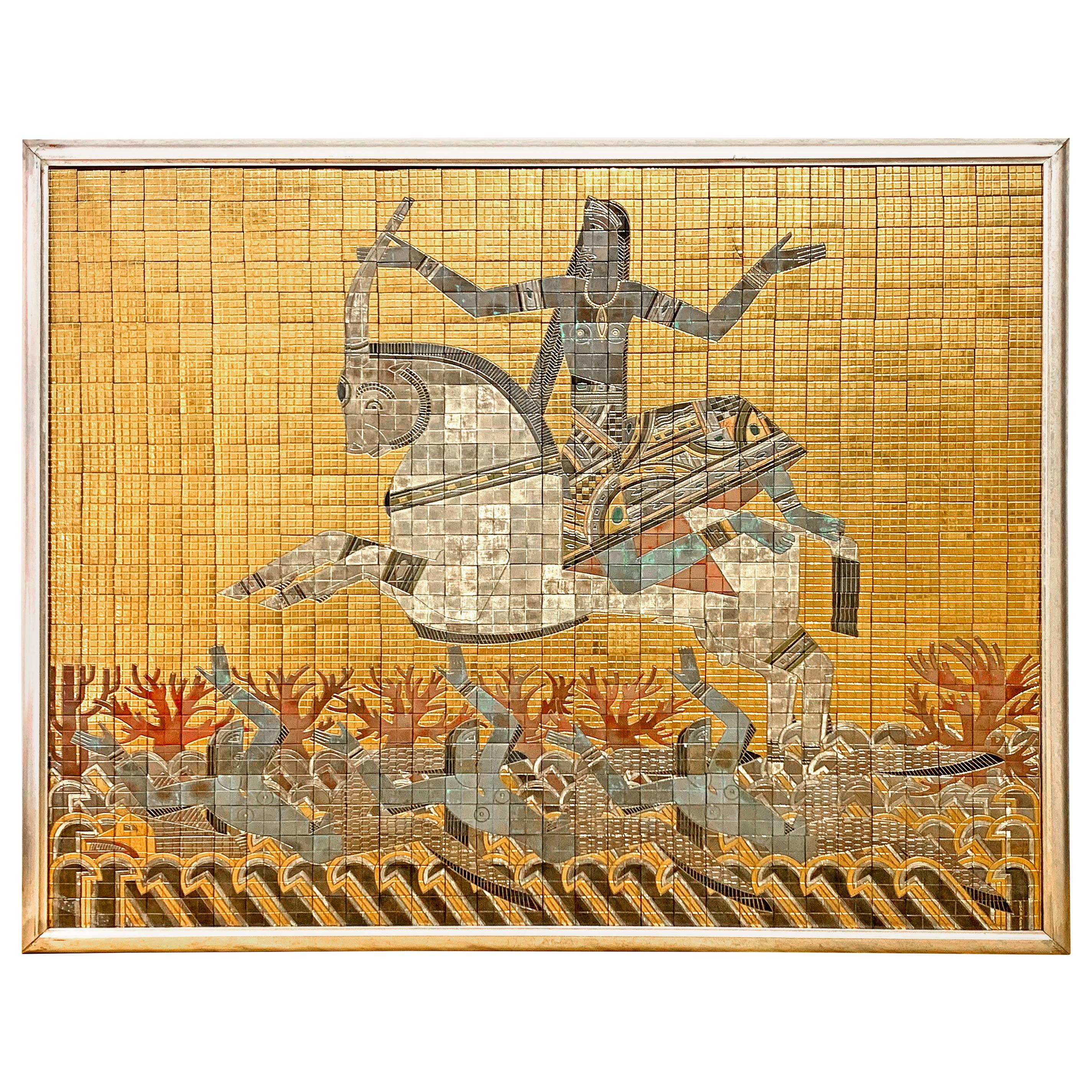 "Goddess Riding Bull, " Monumental Gold and Grey Art Deco Mosaic with Mermaids