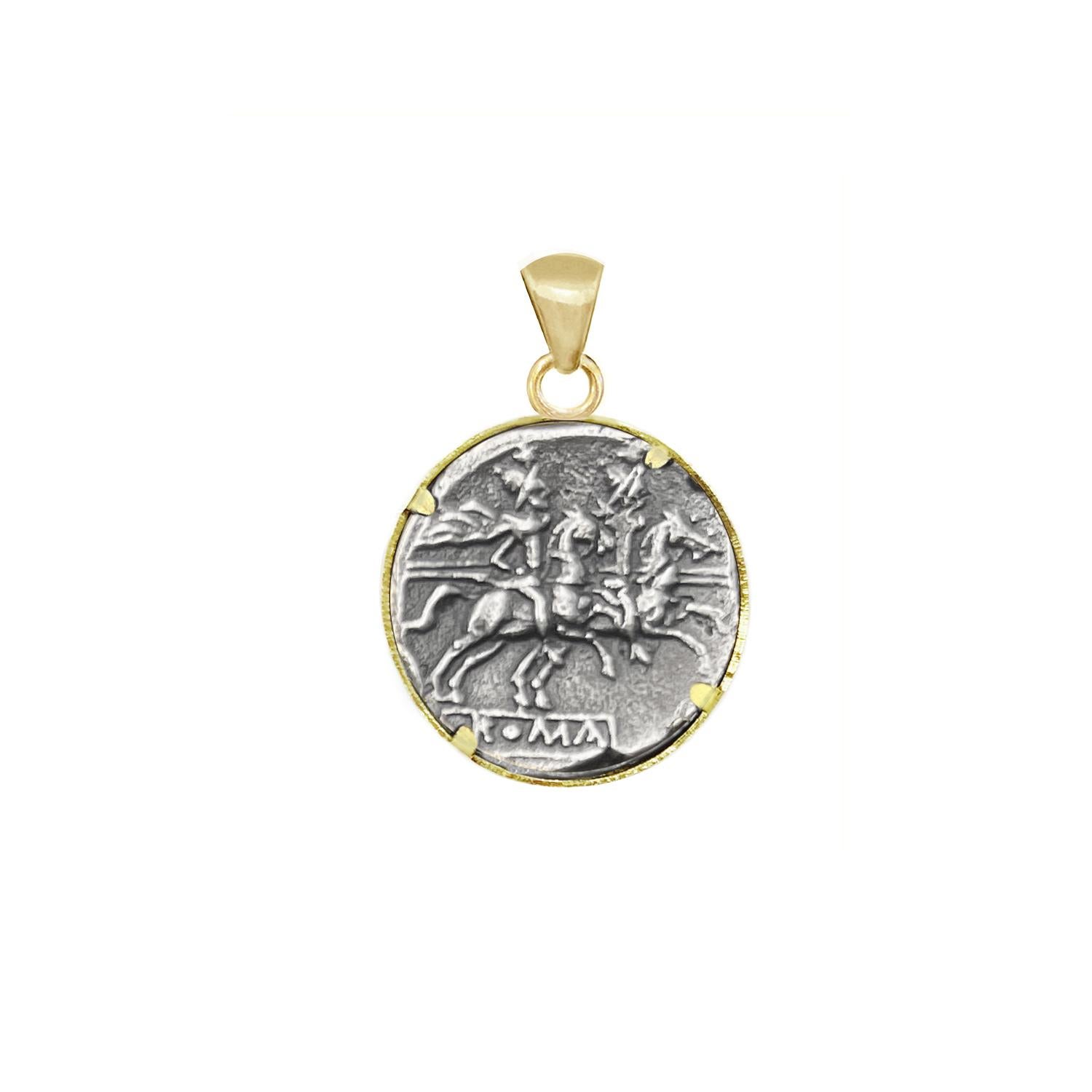 Classical Roman Goddess Rome and Dioscuri on Horseback Roman Coin '211 BC' 18 Kt Gold Pendant