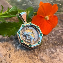 GODDESS ROME Genuine Ancient Roman Coin 148 BC Silver Pendant w Emeralds