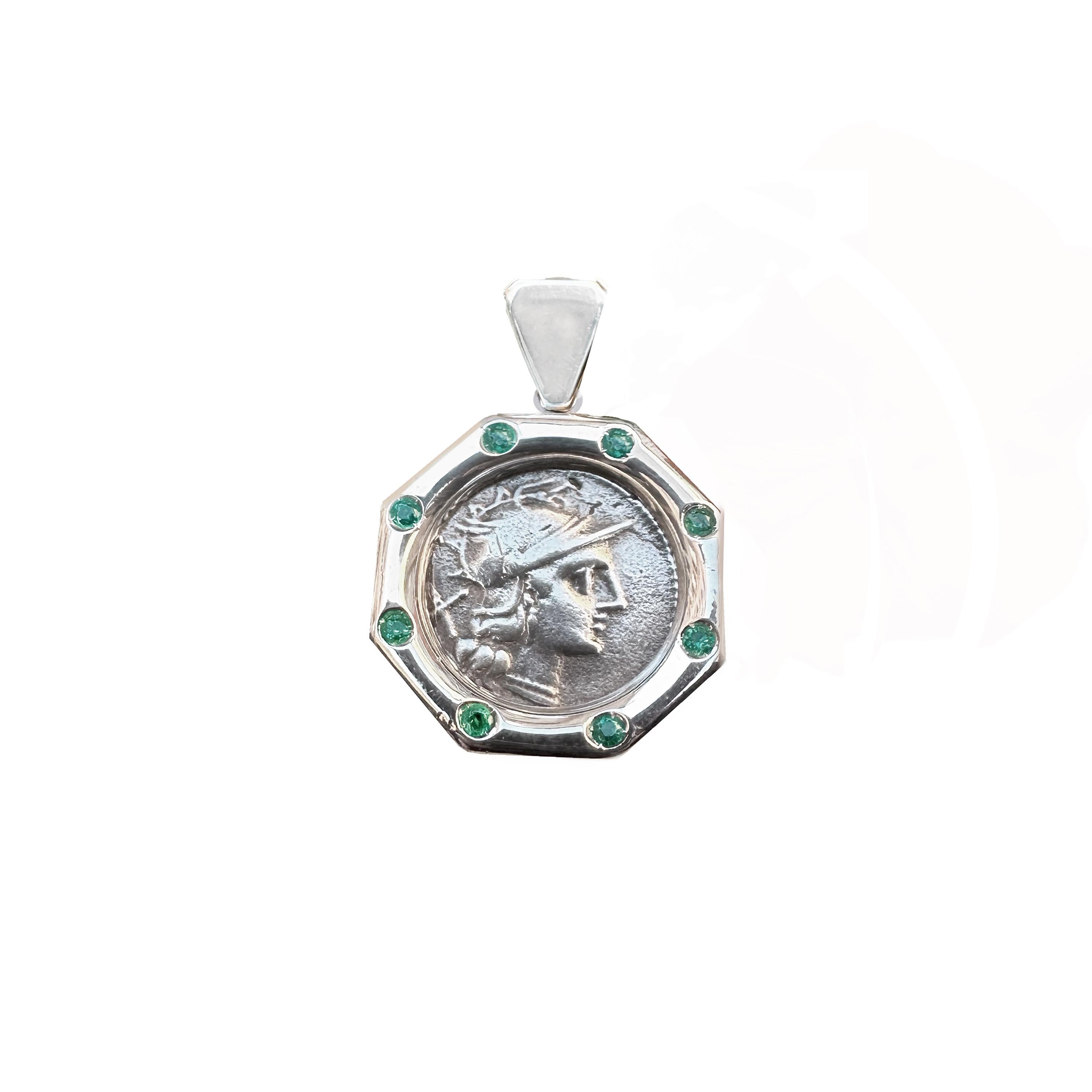 GODDESS ROME Genuine Ancient Roman Coin 148 BC Silver Pendant w Emeralds