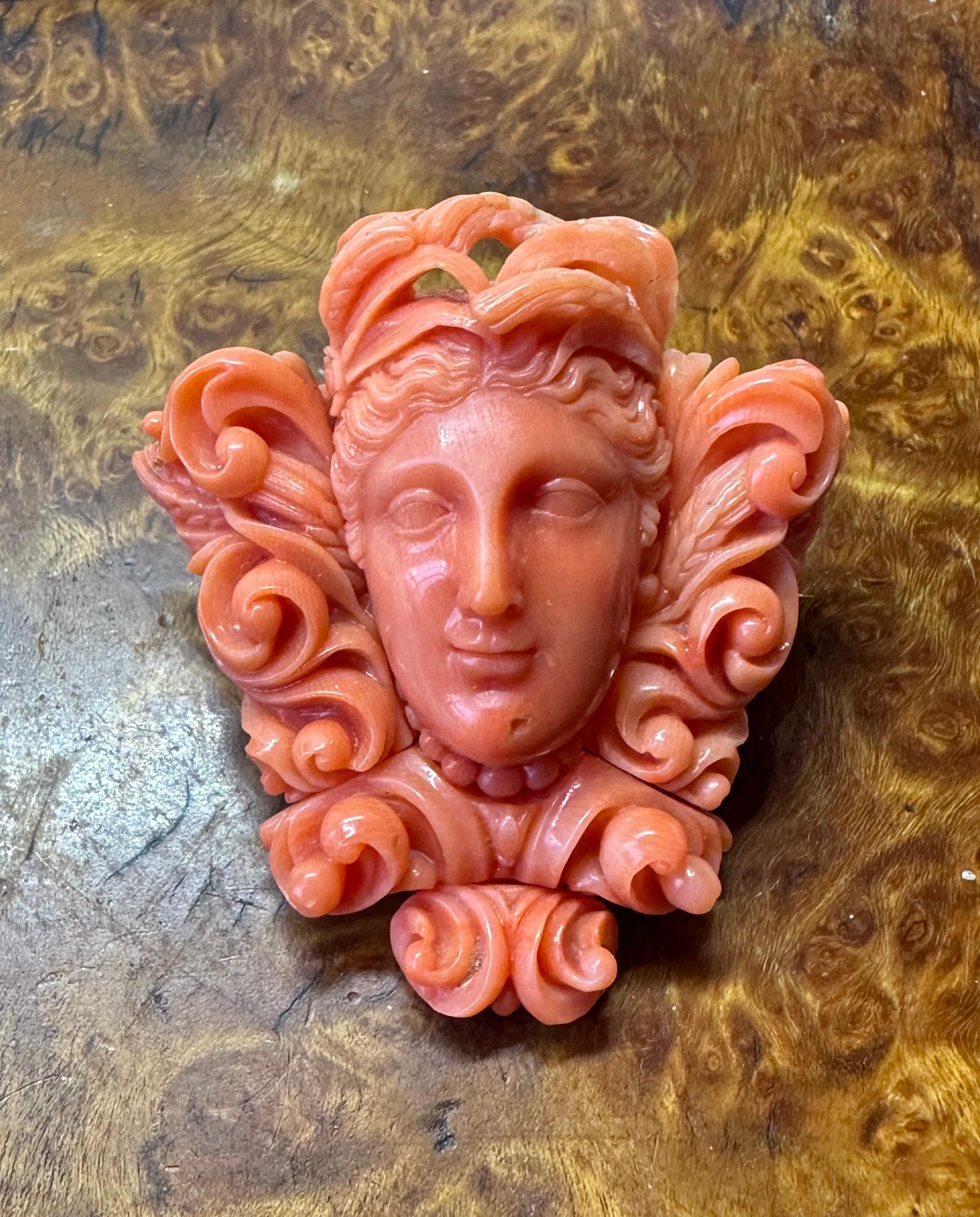 Goddess Woman Coral Pendant Necklace Antique Etruscan Victorian Gold Neoclassic For Sale 6