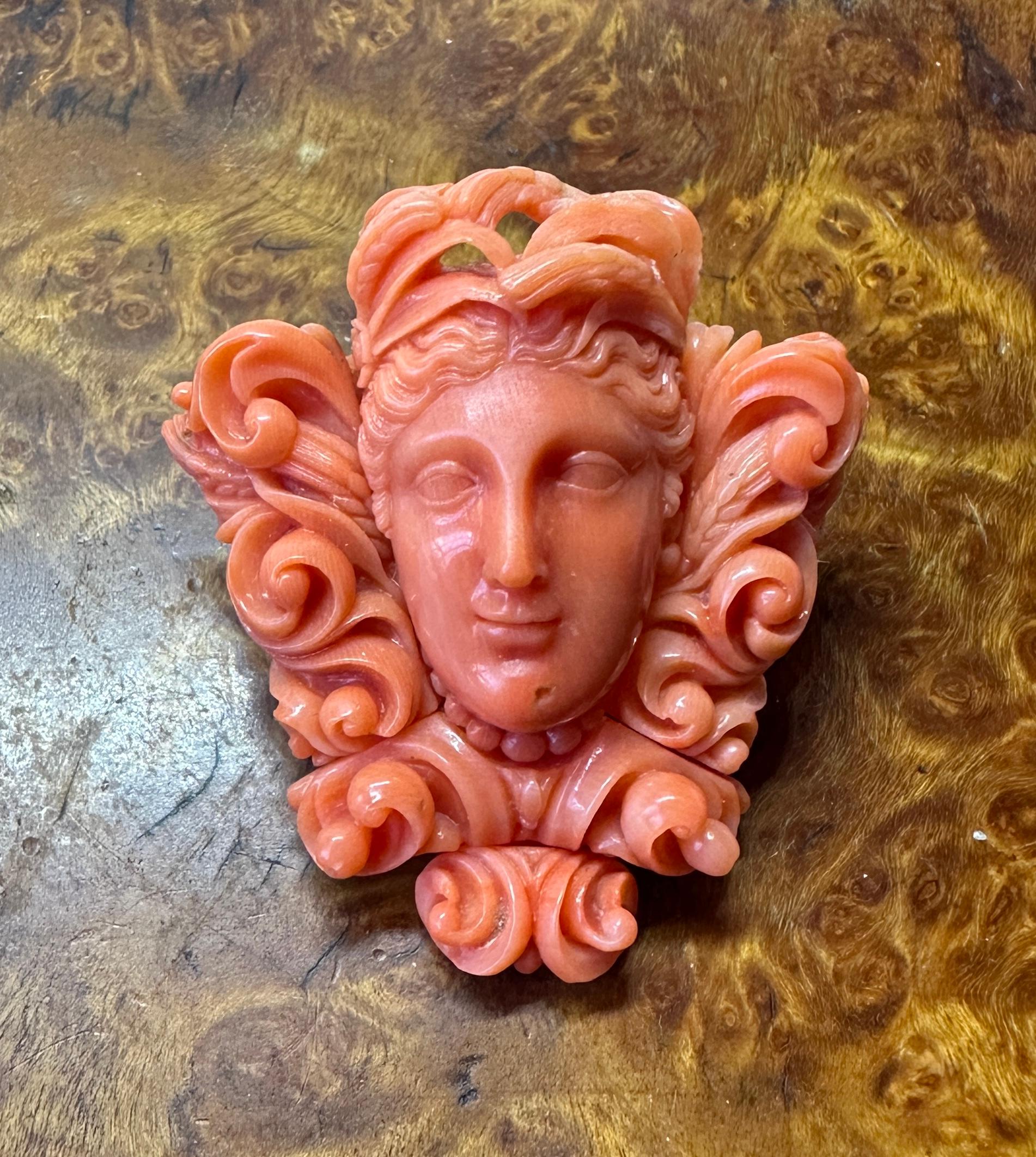 Etruscan Revival Goddess Woman Coral Pendant Necklace Antique Etruscan Victorian Gold Neoclassic For Sale