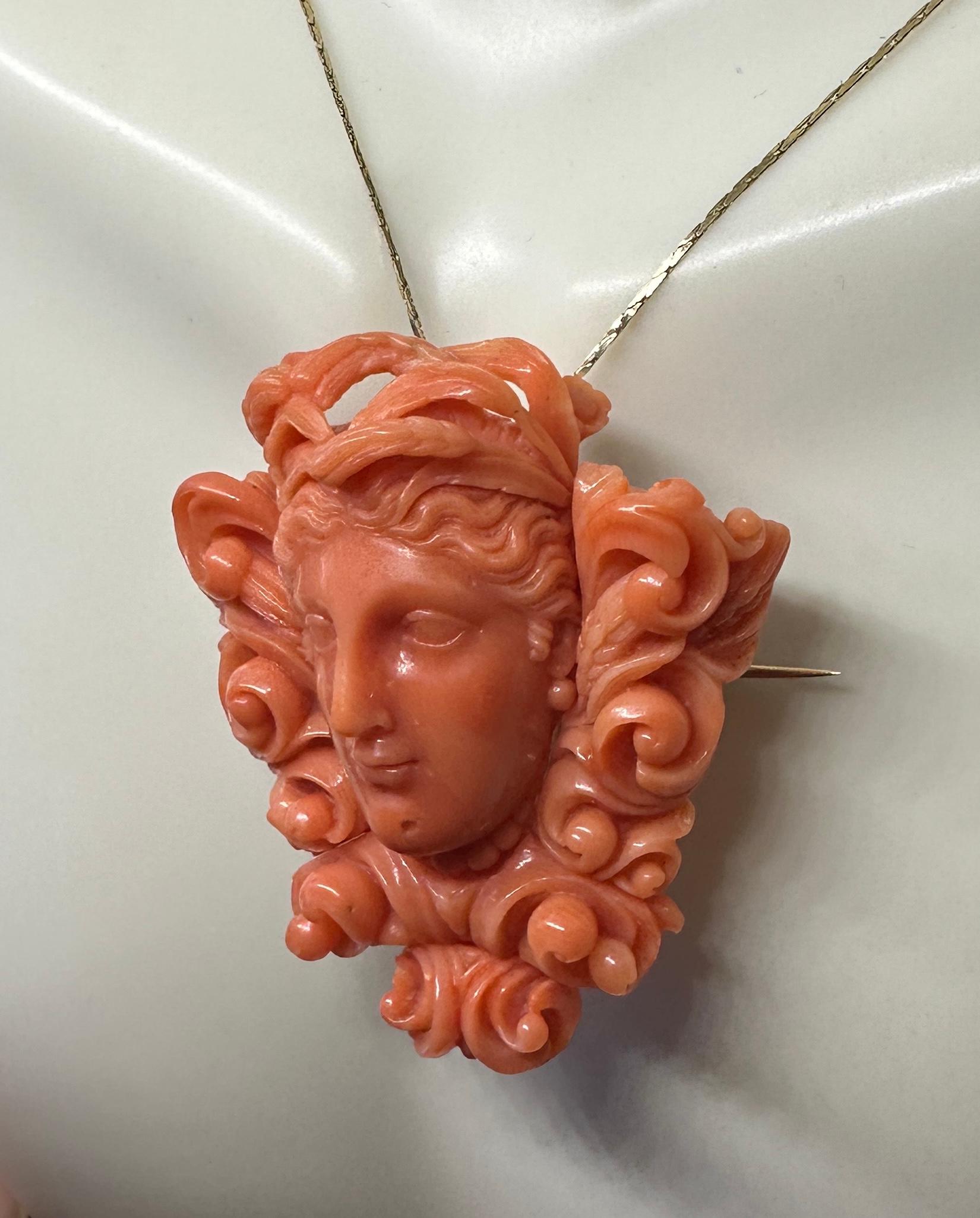 Portrait Cut Goddess Woman Coral Pendant Necklace Antique Etruscan Victorian Gold Neoclassic For Sale