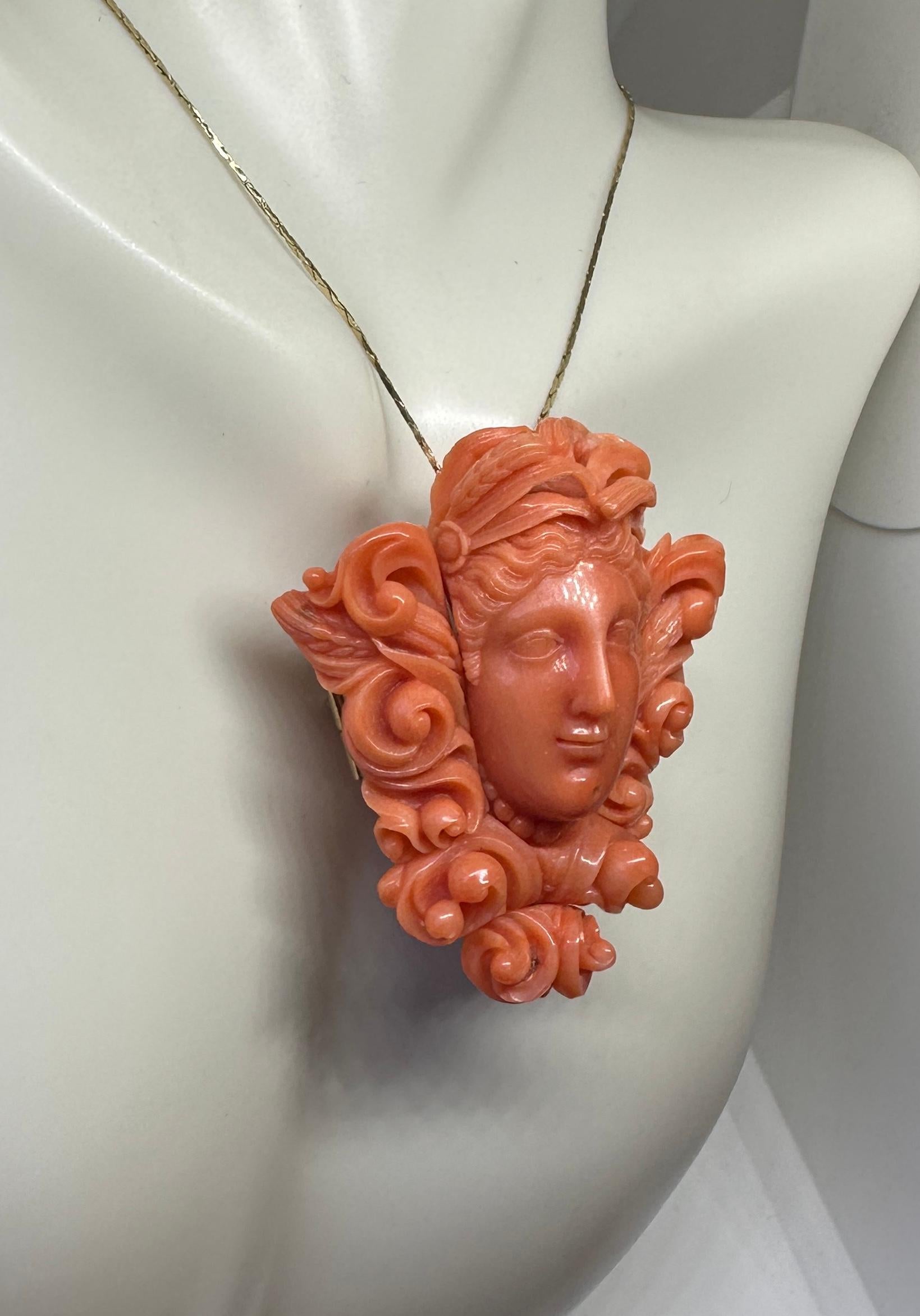 Goddess Woman Coral Pendant Necklace Antique Etruscan Victorian Gold Neoclassic In Excellent Condition For Sale In New York, NY