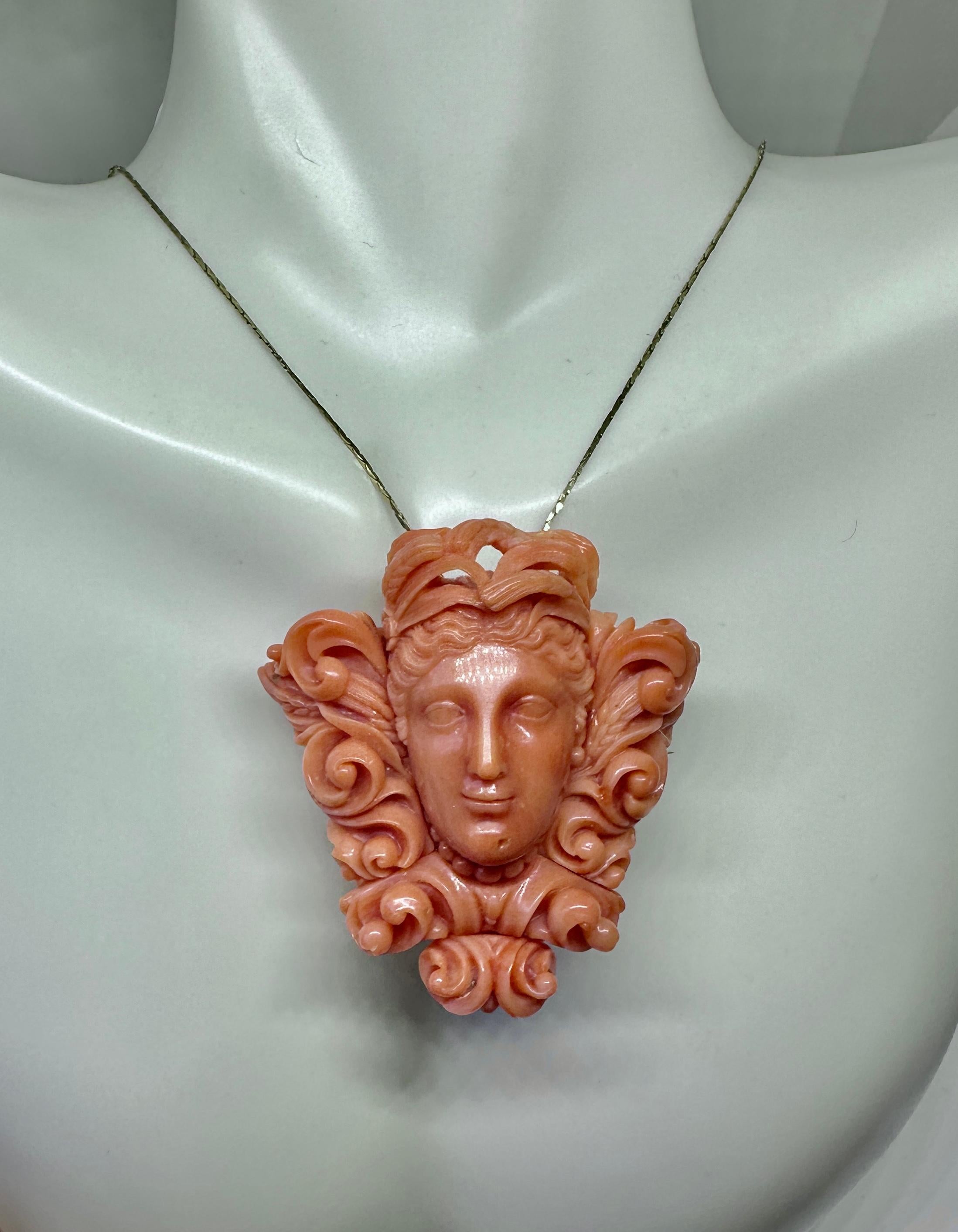 Women's or Men's Goddess Woman Coral Pendant Necklace Antique Etruscan Victorian Gold Neoclassic For Sale