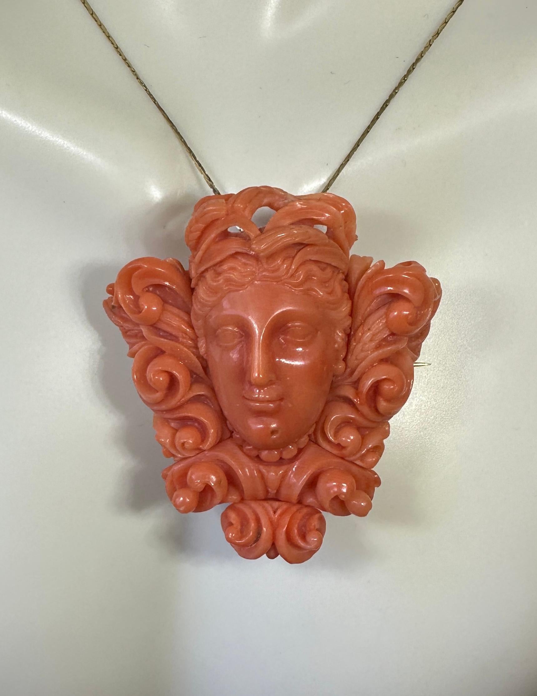 Goddess Woman Coral Pendant Necklace Antique Etruscan Victorian Gold Neoclassic For Sale 1
