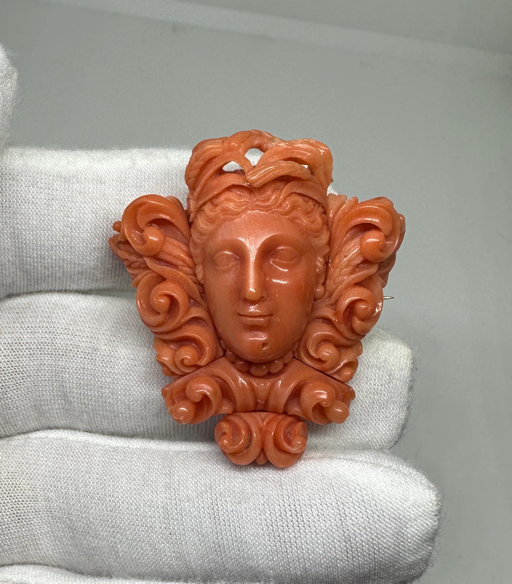 Goddess Woman Coral Pendant Necklace Antique Etruscan Victorian Gold Neoclassic For Sale 3