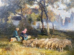 French Barbizon rural landscape: young girls chatting by the village gates