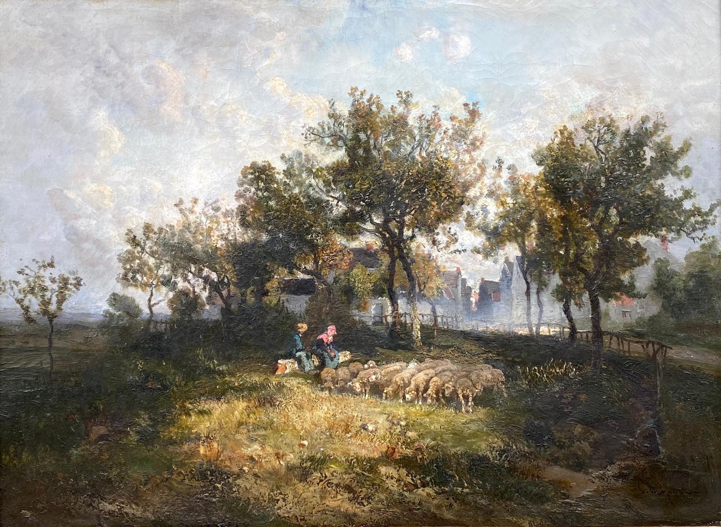 French Barbizon rural landscape: young girls chatting by the village gates  - Brown Landscape Painting by Godefroy De Hagemann