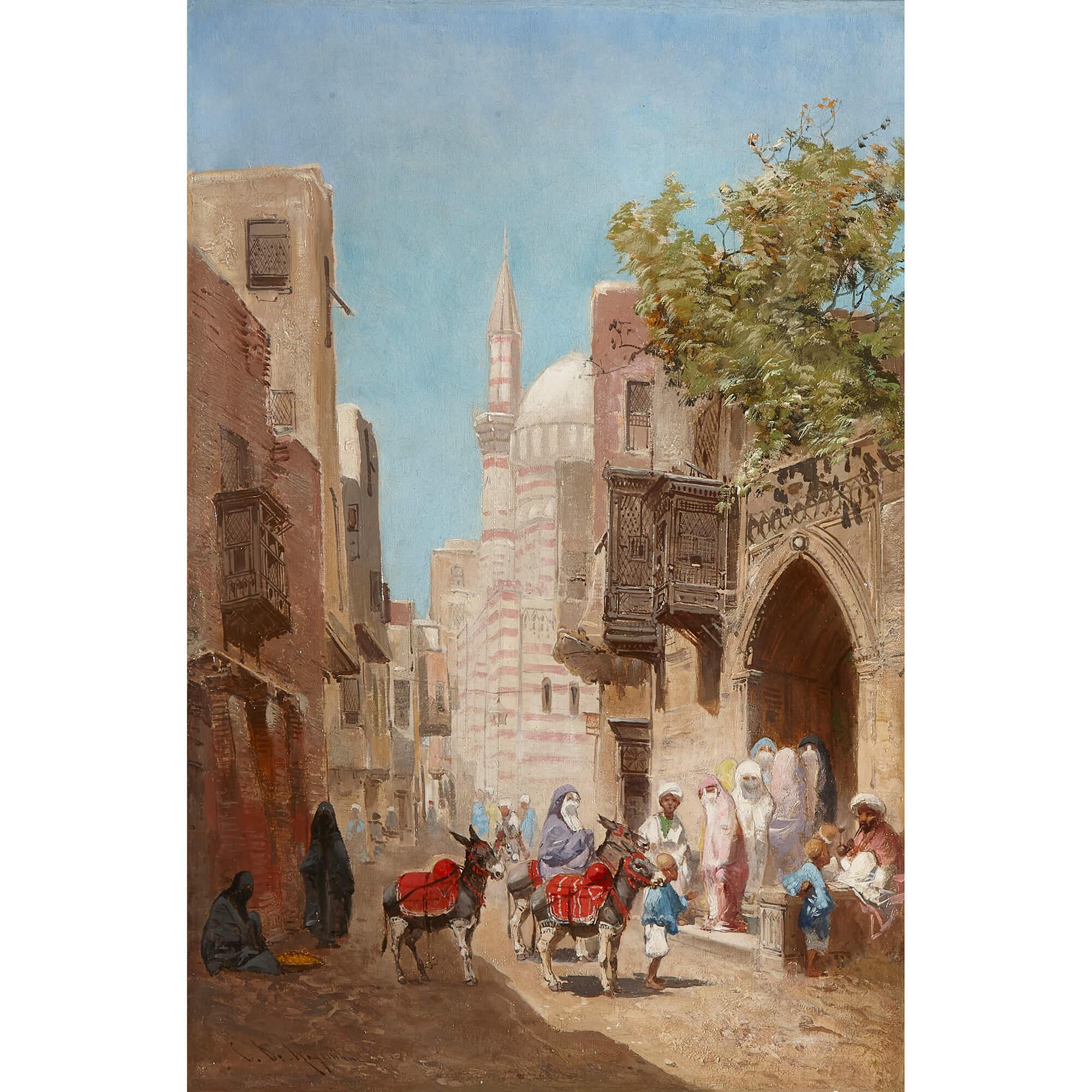 Pair of antique Orientalist oil paintings by de Hagemann	
French, 19th Century 
Canvas: Height 44cm, width 29.5cm, depth 2cm
Frames: Height 64cm, width  50cm, depth 4.5cm

Crafted by renowned French Orientalist Godefroy de Hagemann (1820-1877), this