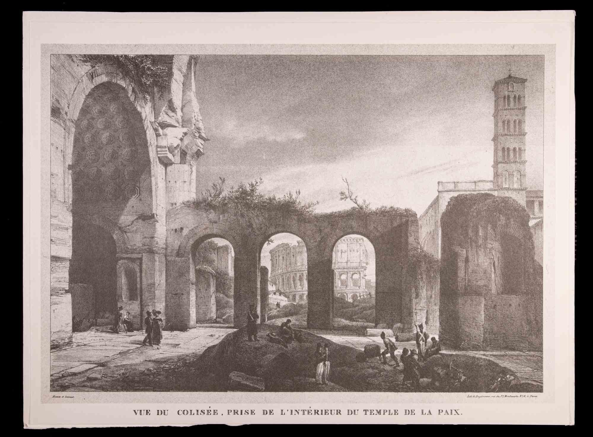 Roman Temples and Ruins - Offset After G. Engelmann - Late 20th Century - Gray Figurative Print by Godefroy Engelmann
