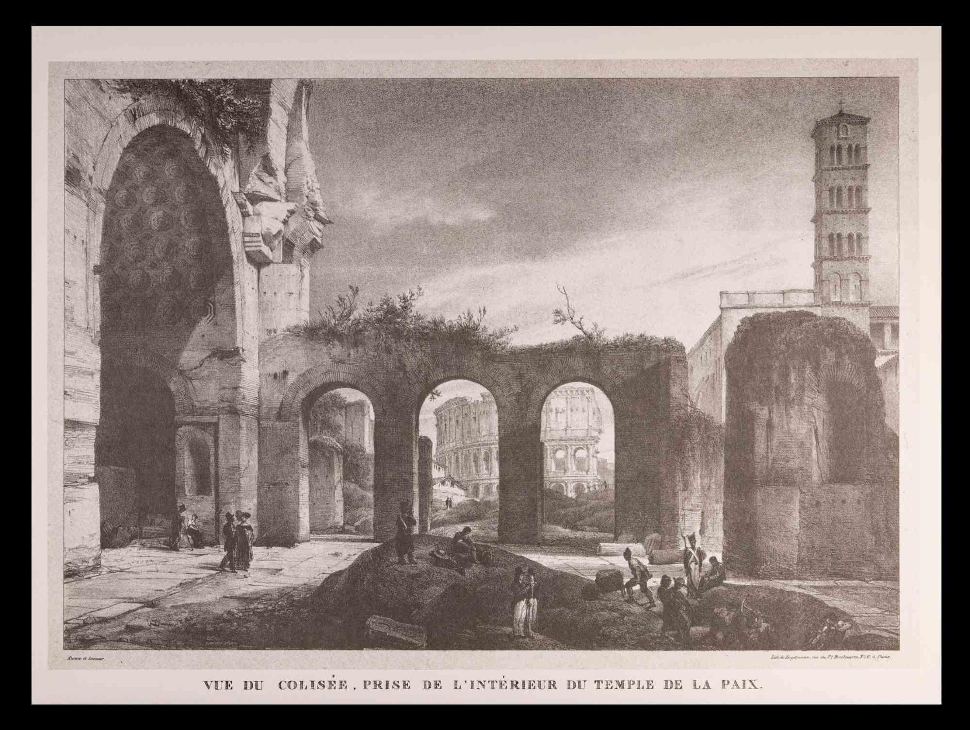 Roman Temples and Ruins - Original Etching After G. Engelmann- Late 20th Century - Gray Figurative Print by Godefroy Engelmann