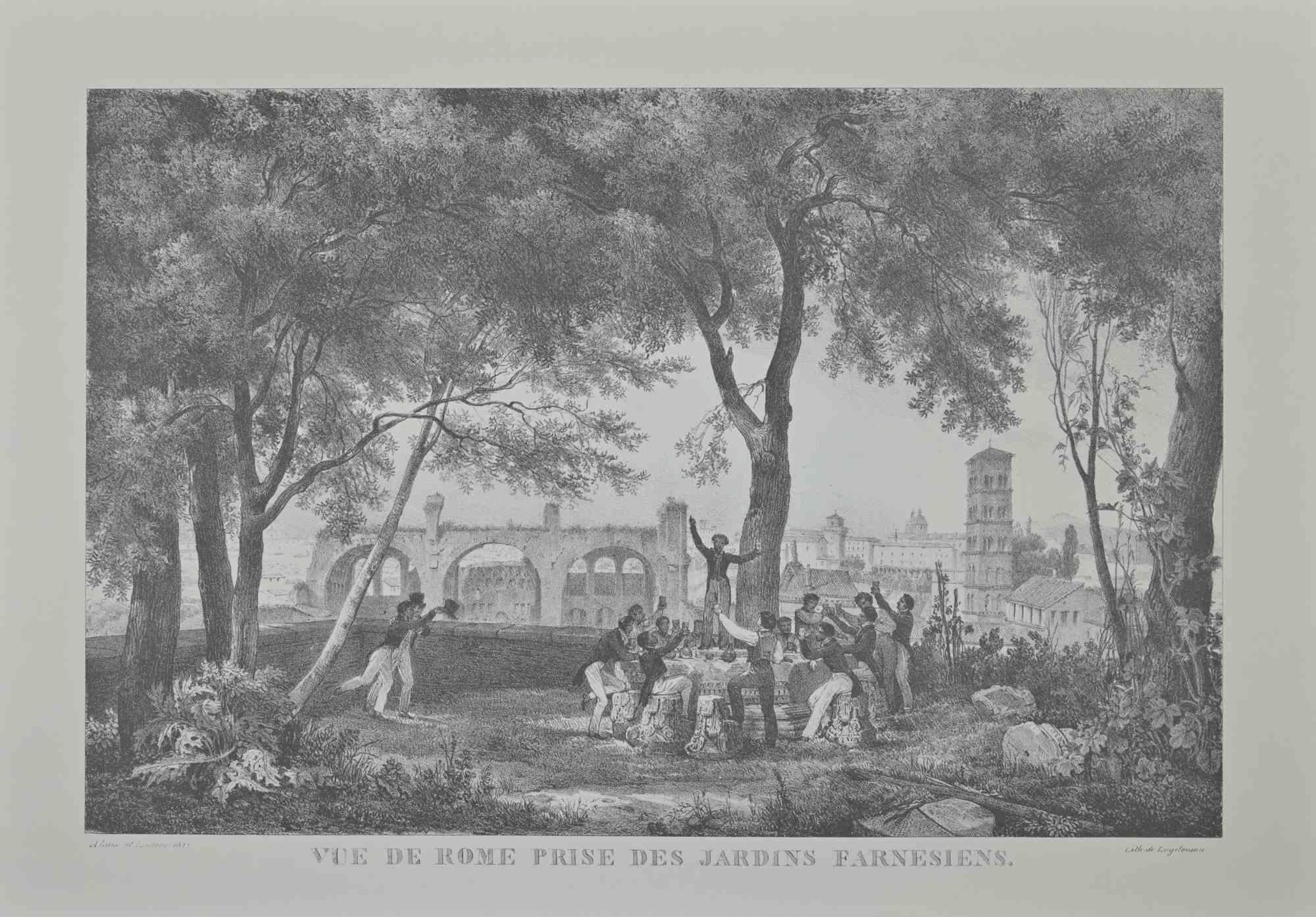 Godefroy Engelmann Figurative Print - Vue de Rome Prise des Jardins Farnesiens - Offset After G. Engelmann - 1970s