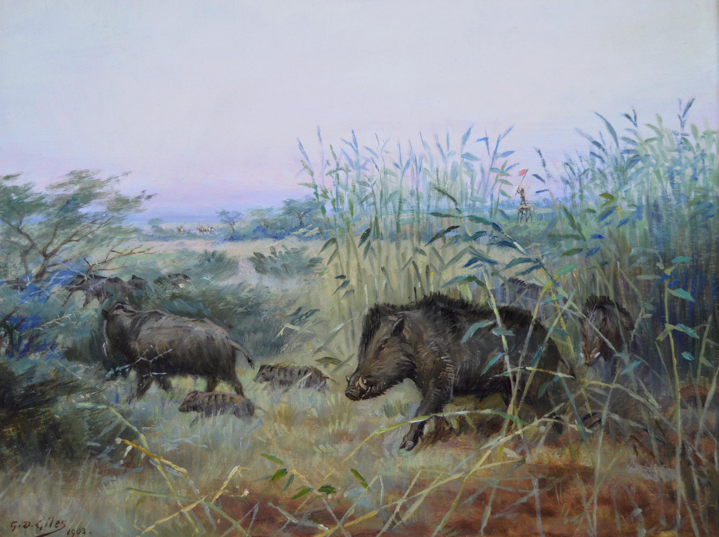 Pair of landscape hunting scenes with wild boar - Painting by Godfrey Douglas Giles