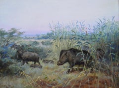 Pair of hunting oil painting scenes with wild boar
