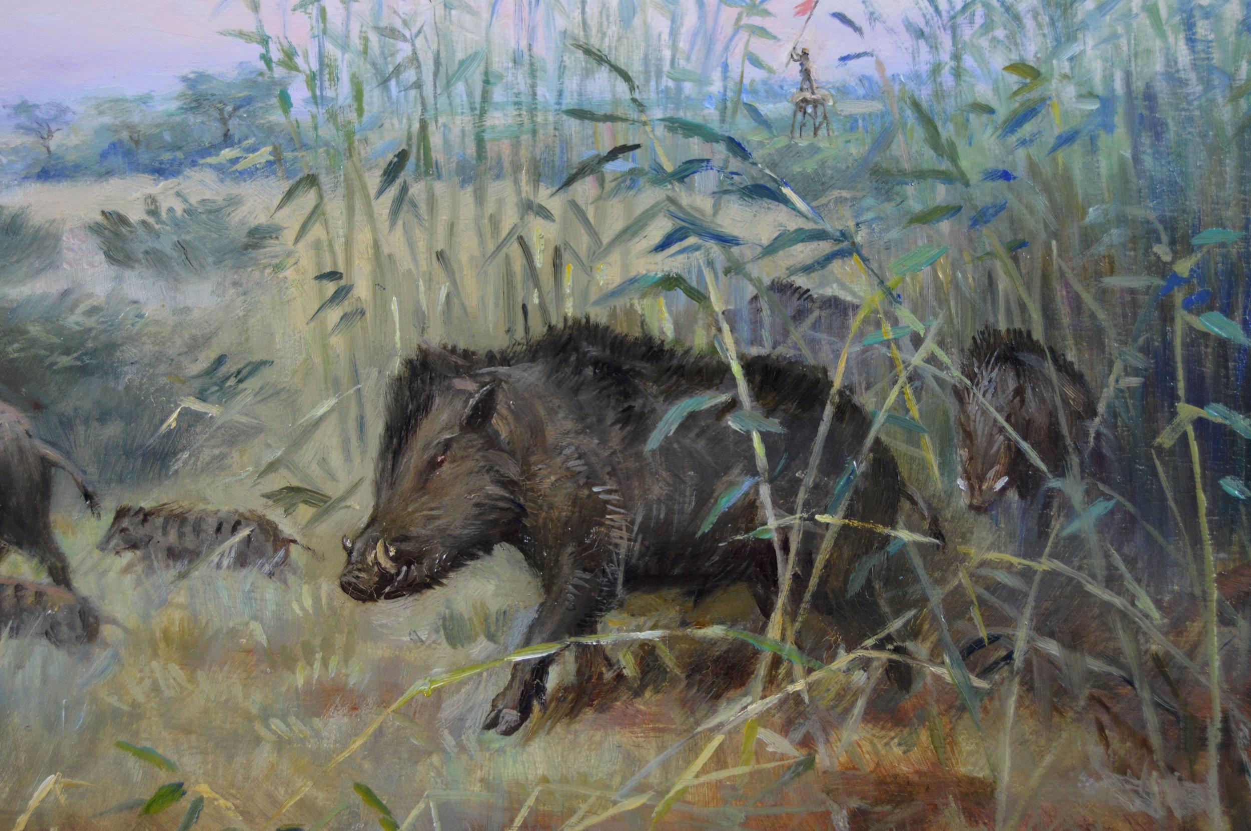 Paar Landschafts-Jägerszenen mit Wildschwein (Viktorianisch), Painting, von Godfrey Douglas Giles