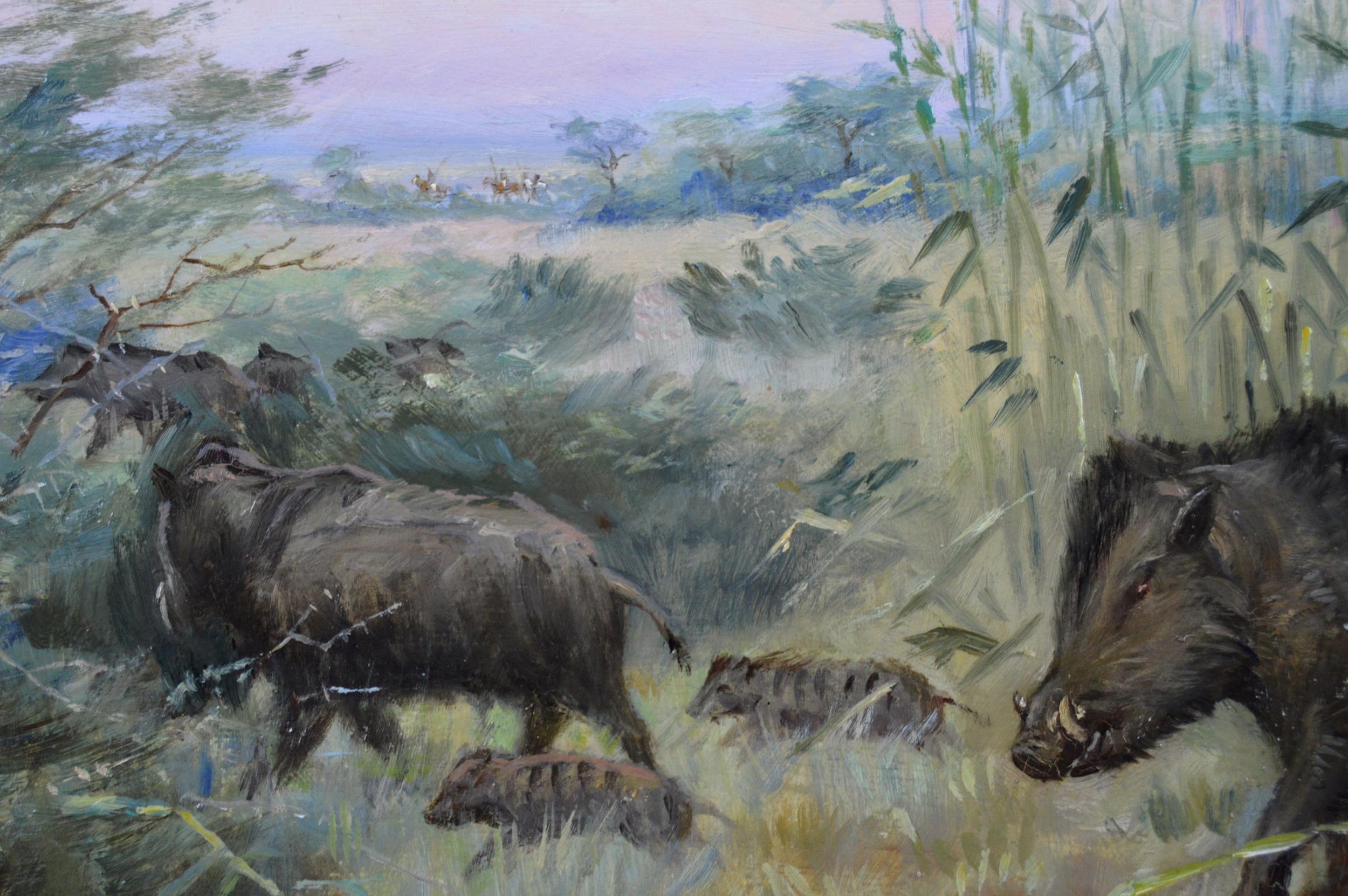 Paar Landschafts-Jägerszenen mit Wildschwein (Braun), Animal Painting, von Godfrey Douglas Giles