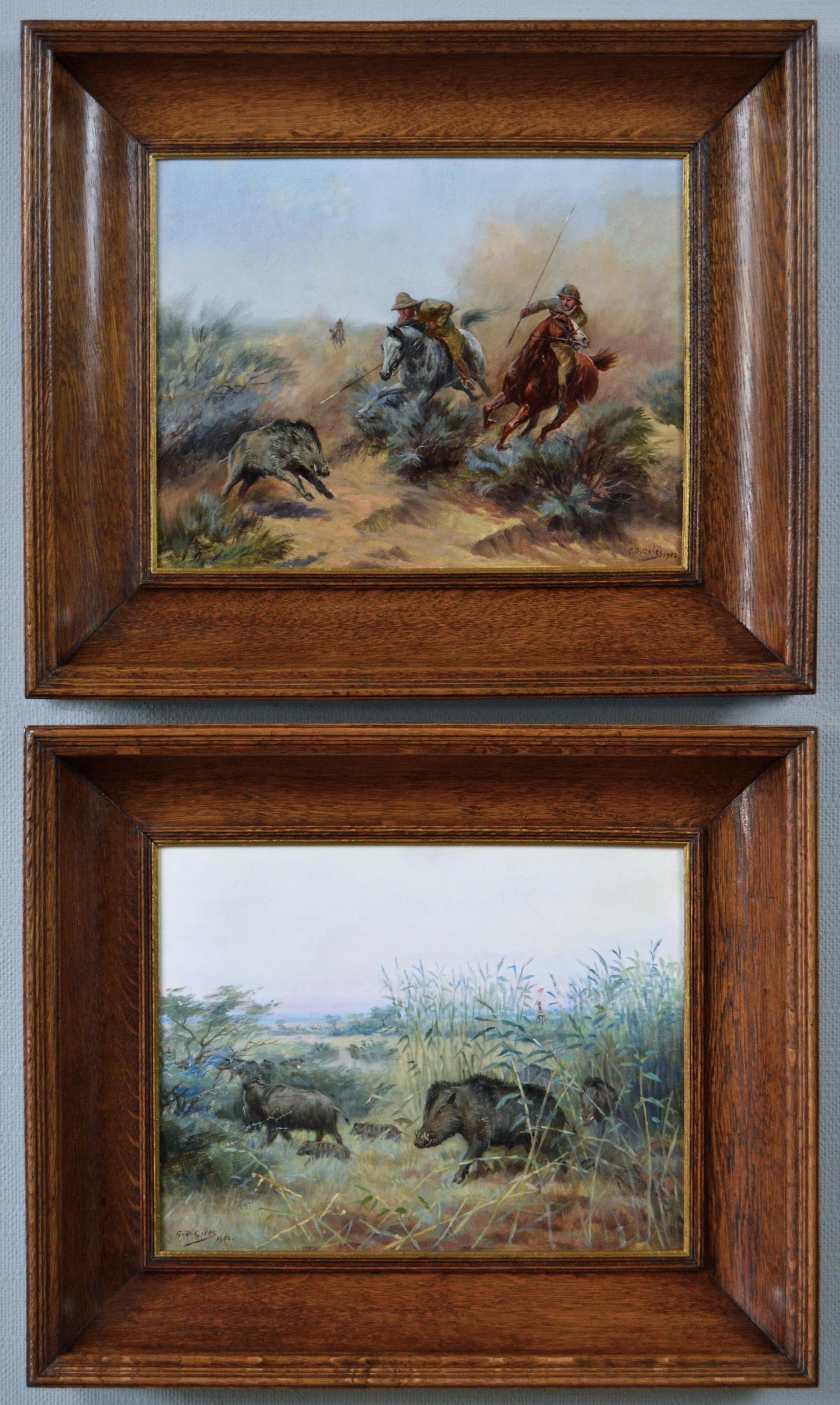 Godfrey Douglas Giles Animal Painting – Paar Landschafts-Jägerszenen mit Wildschwein